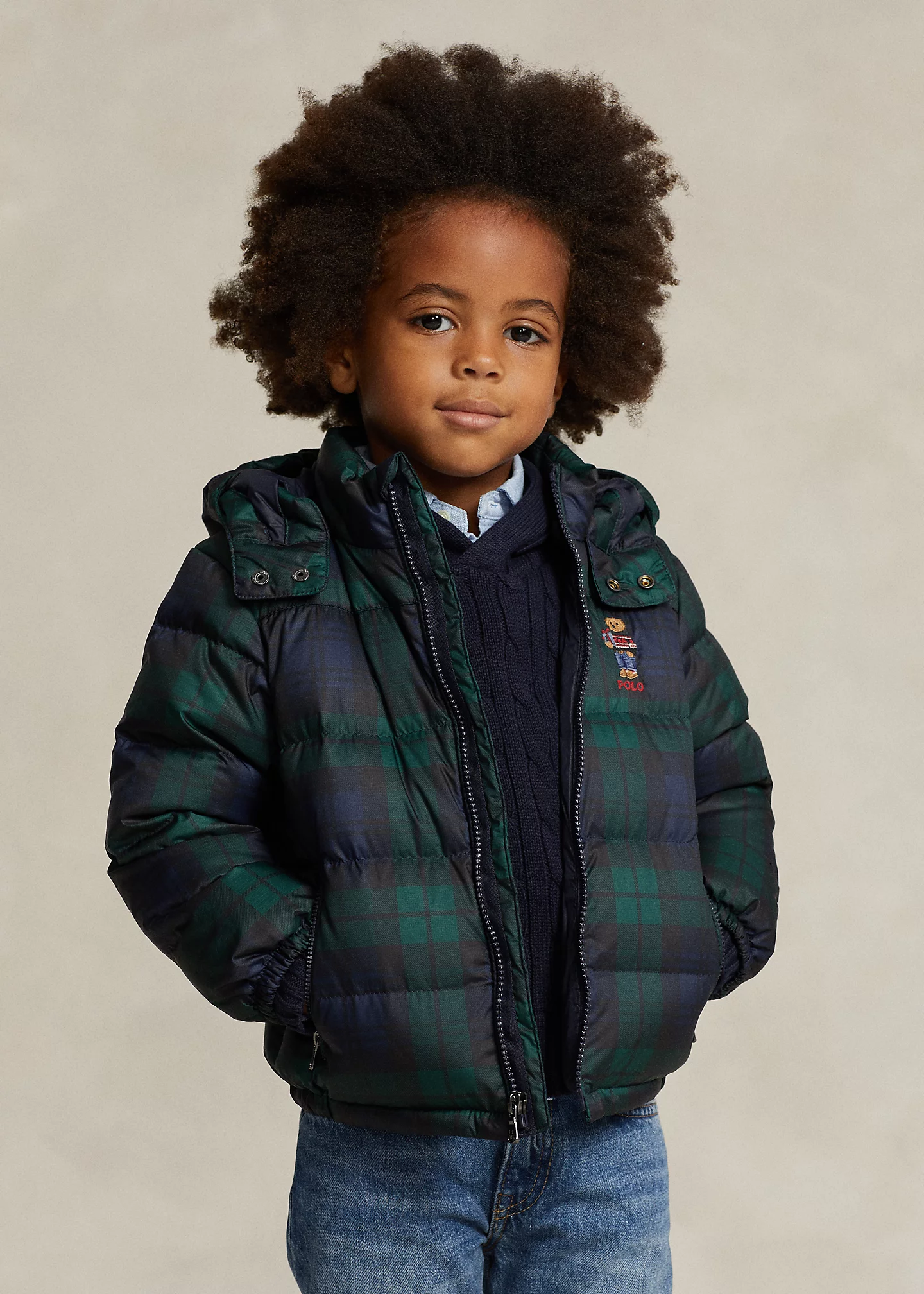Polo Bear Plaid Down Hooded Jacket