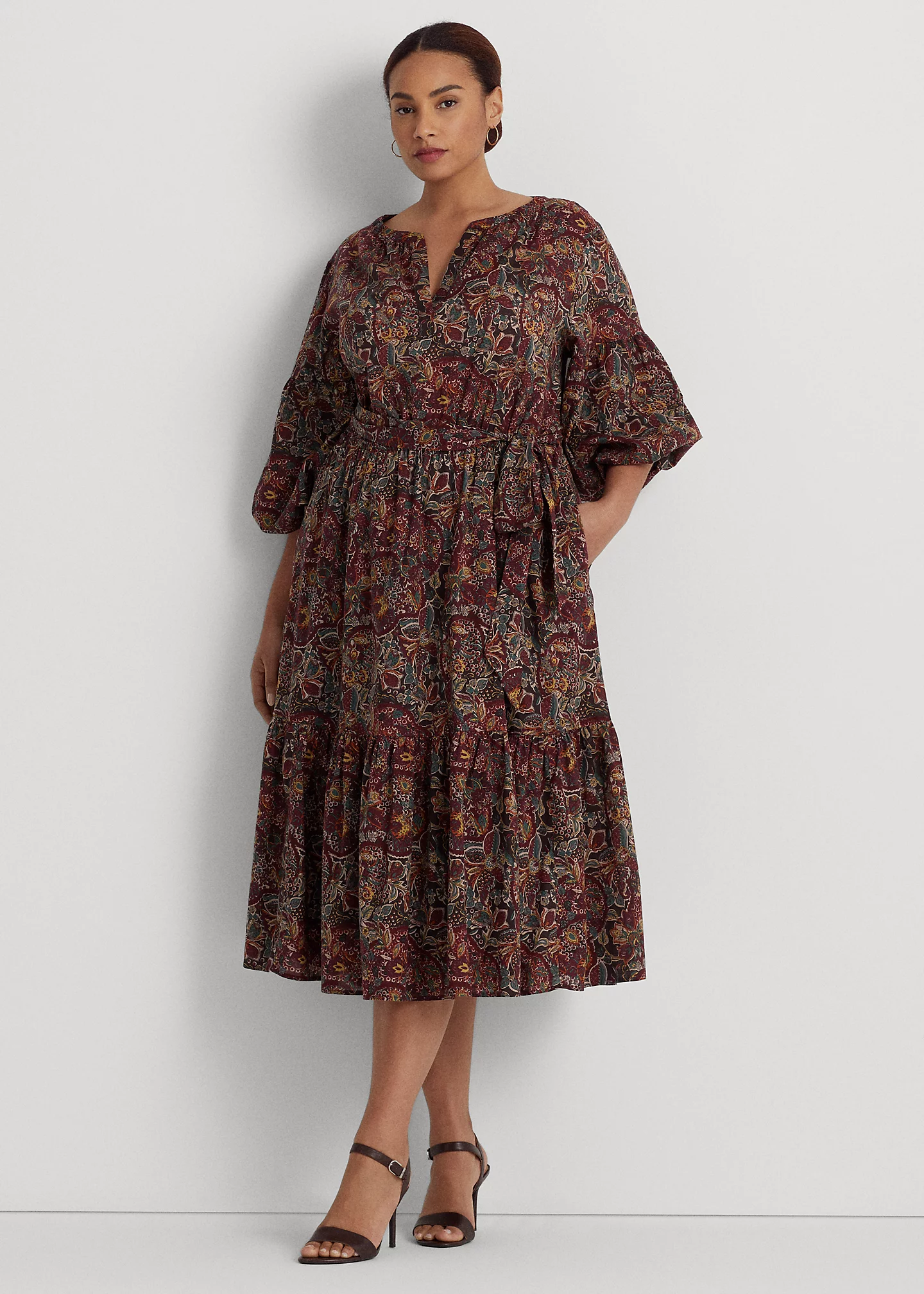 Floral Belted Cotton Voile Tiered Dress