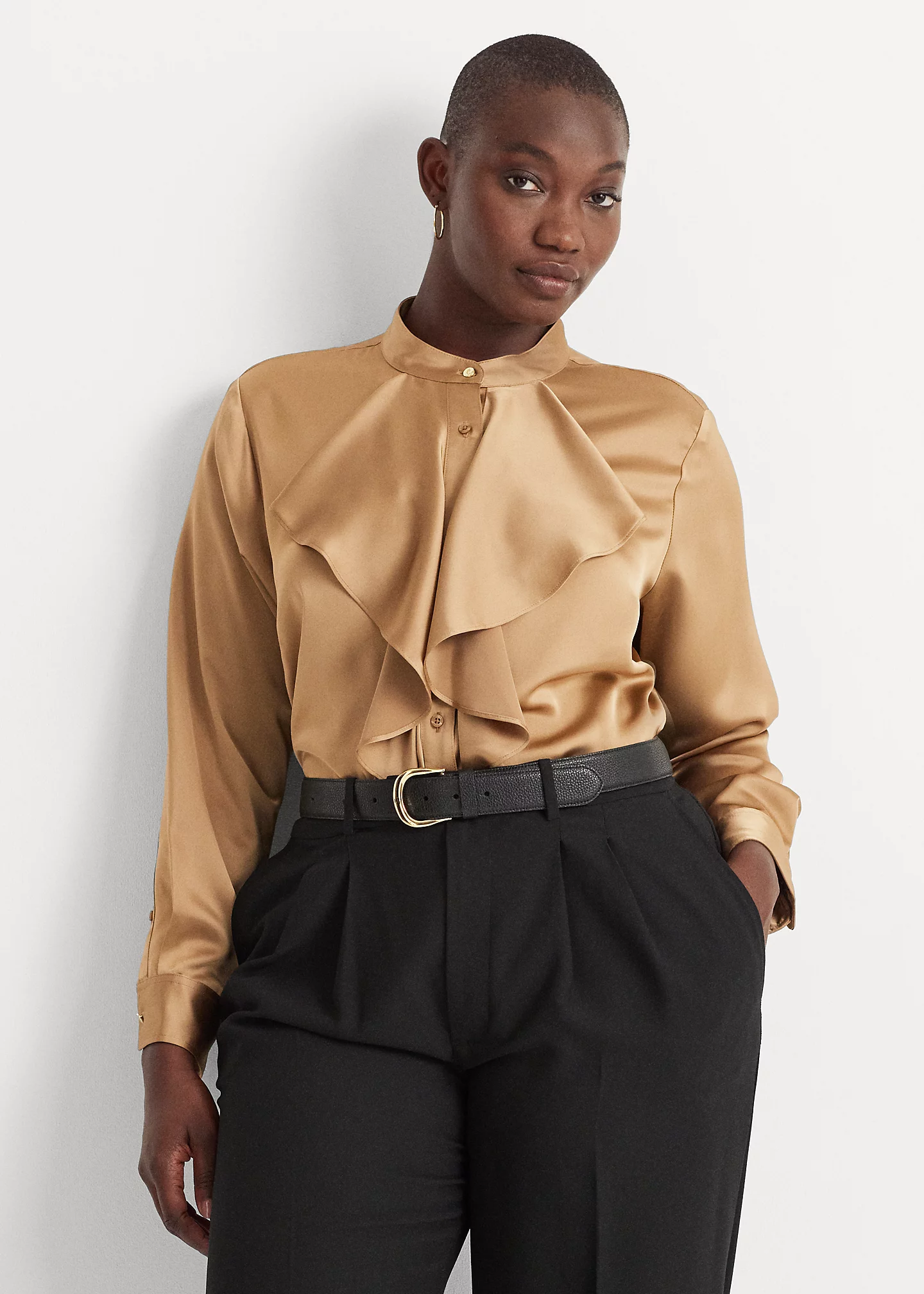 Ruffle-Trim Satin Charmeuse Shirt