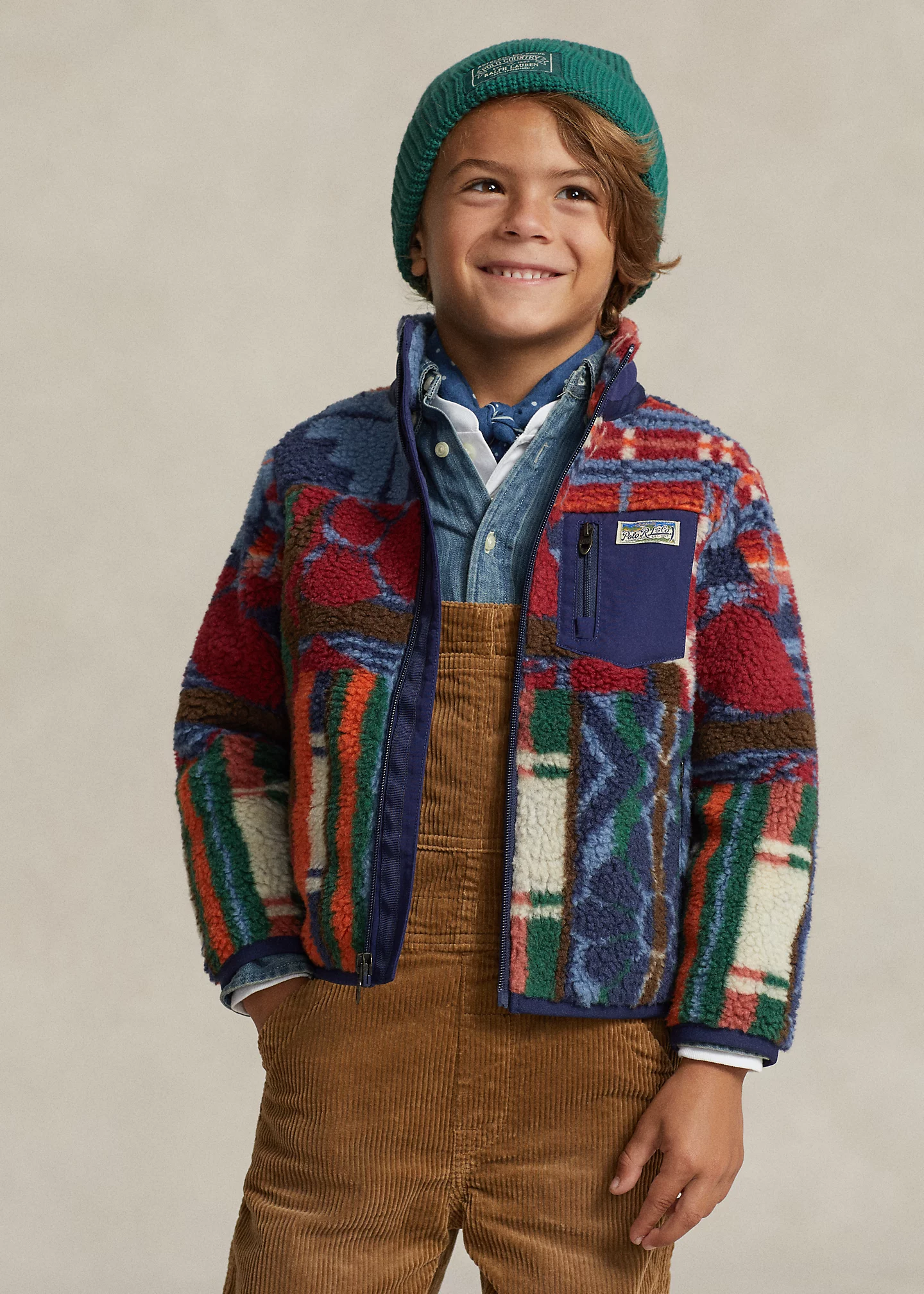 Patchwork-Print Teddy Fleece Jacket