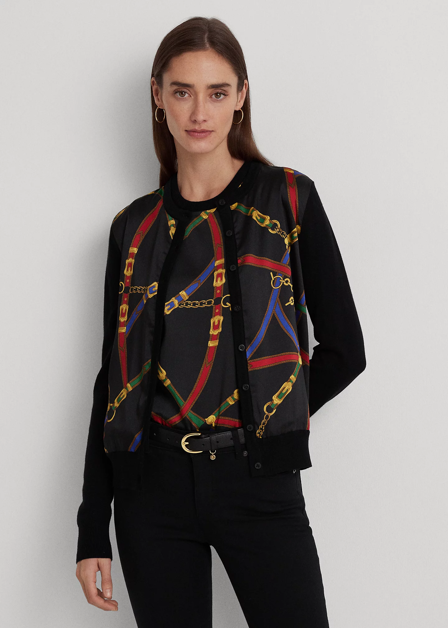 Belting-Print Twill & Jersey Cardigan