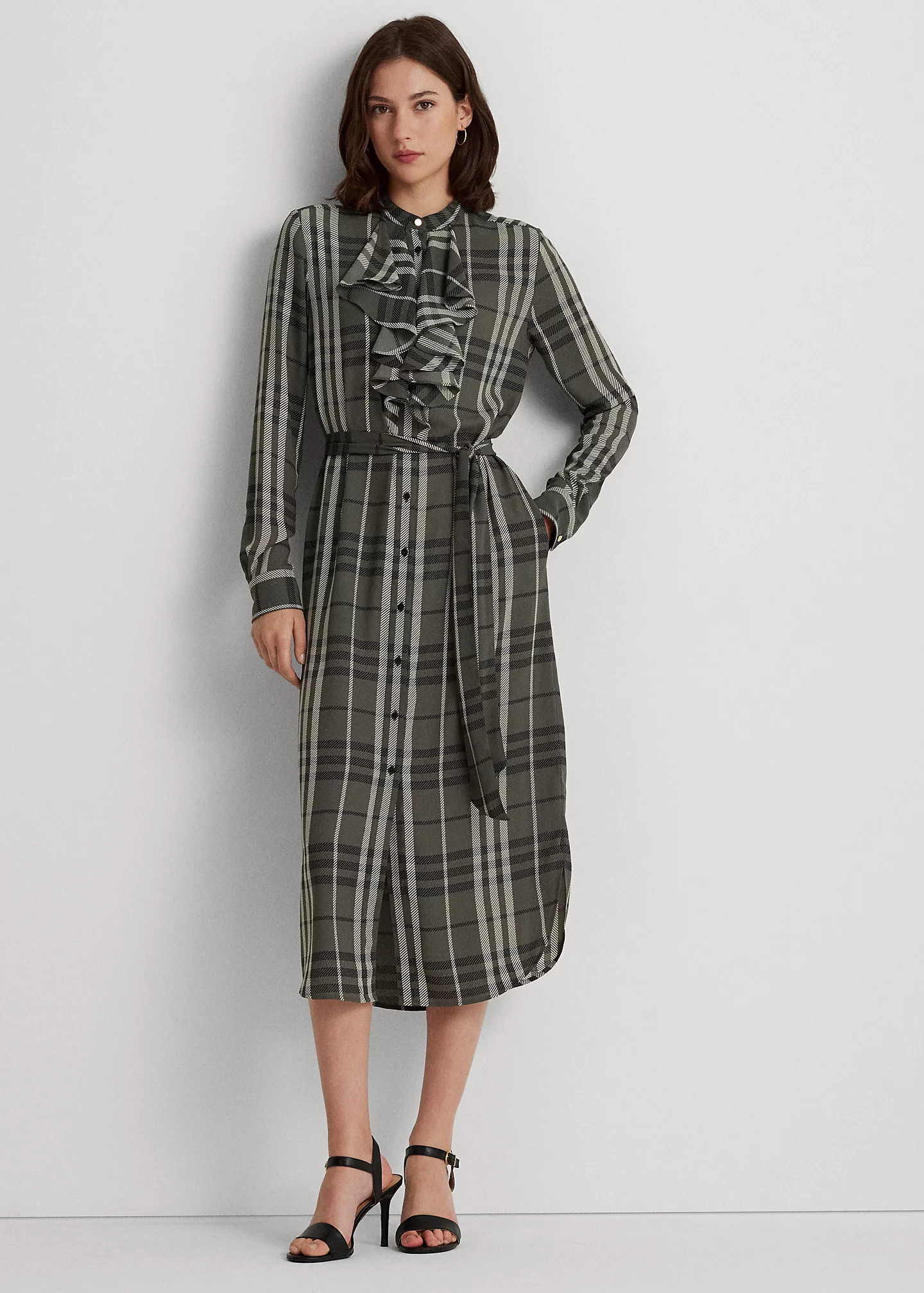 Plaid Ruffle-Trim Georgette Shirtdress