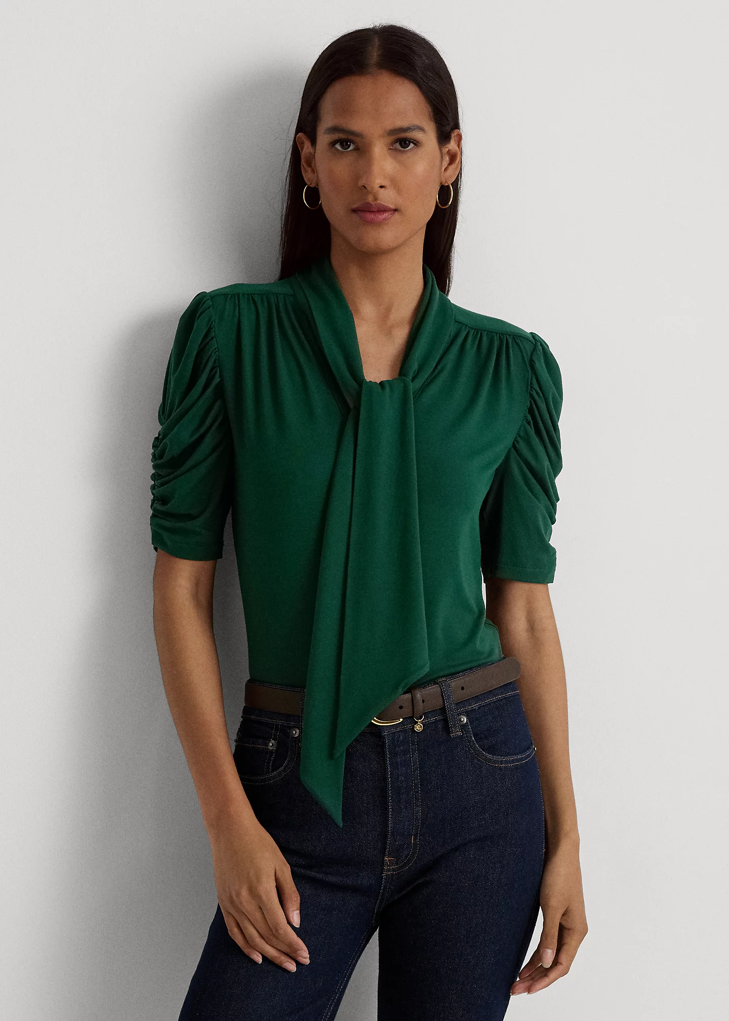 Jersey Puff-Sleeve Tie-Neck Top