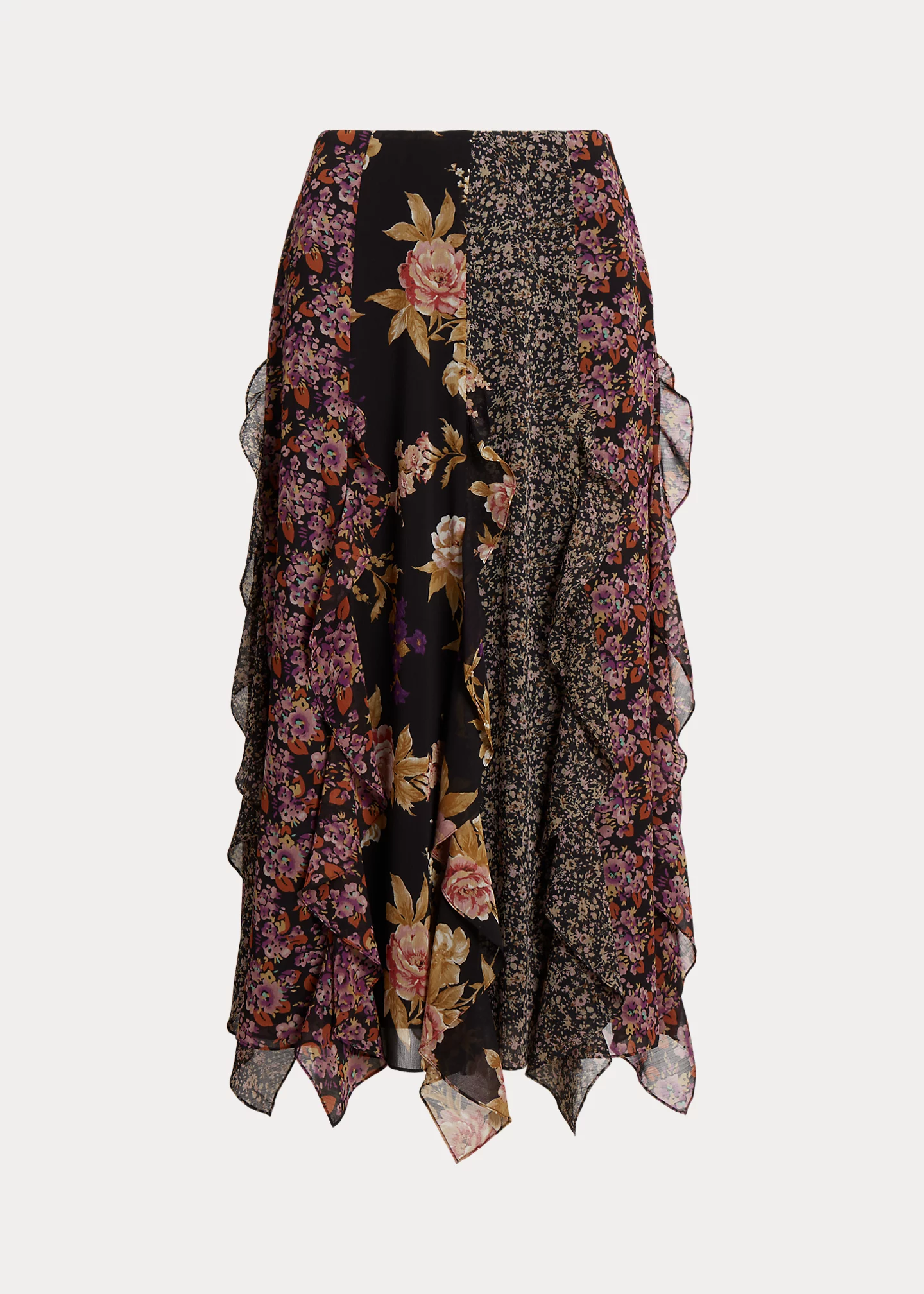 Mixed-Floral Ruffle-Trim Georgette Skirt