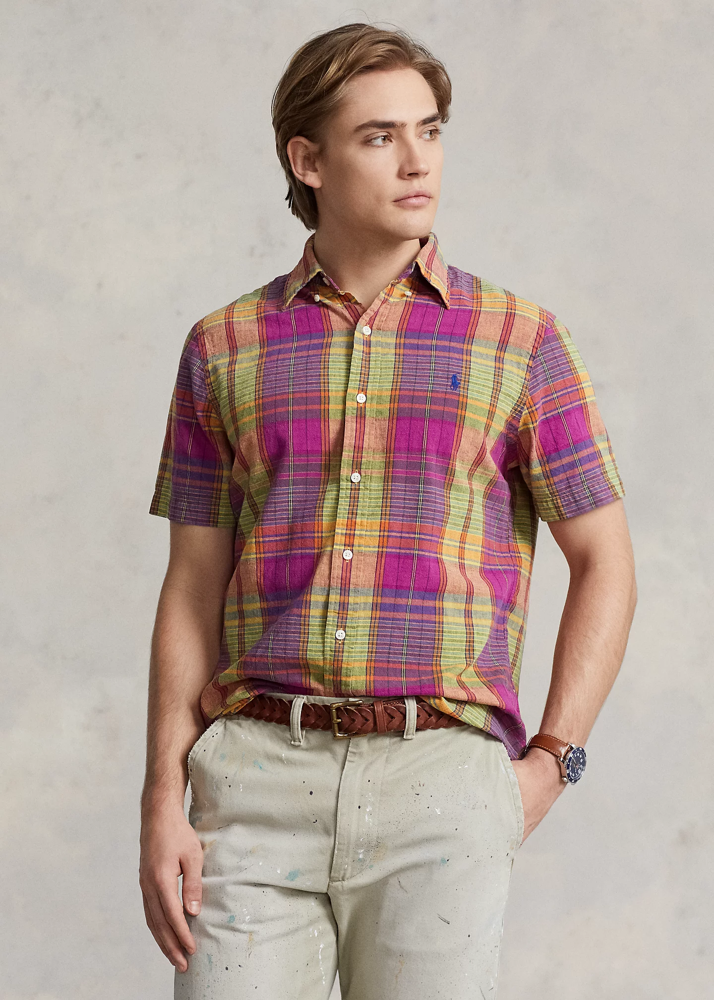Classic Fit Plaid Linen-Cotton Shirt