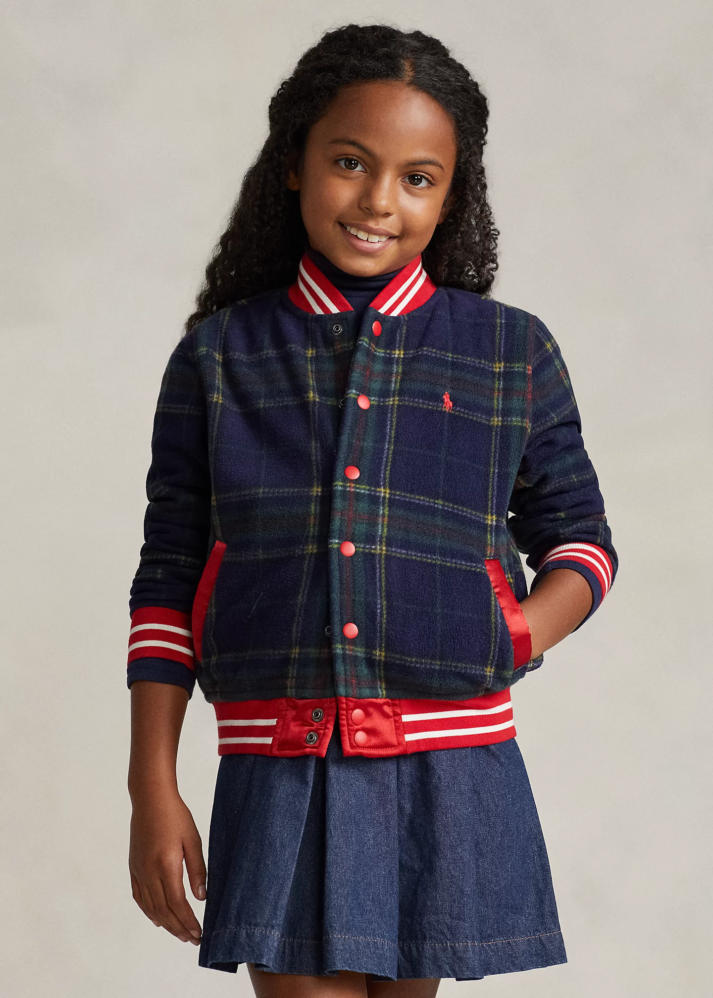 Plaid Logo Fleece Baseball Jacket