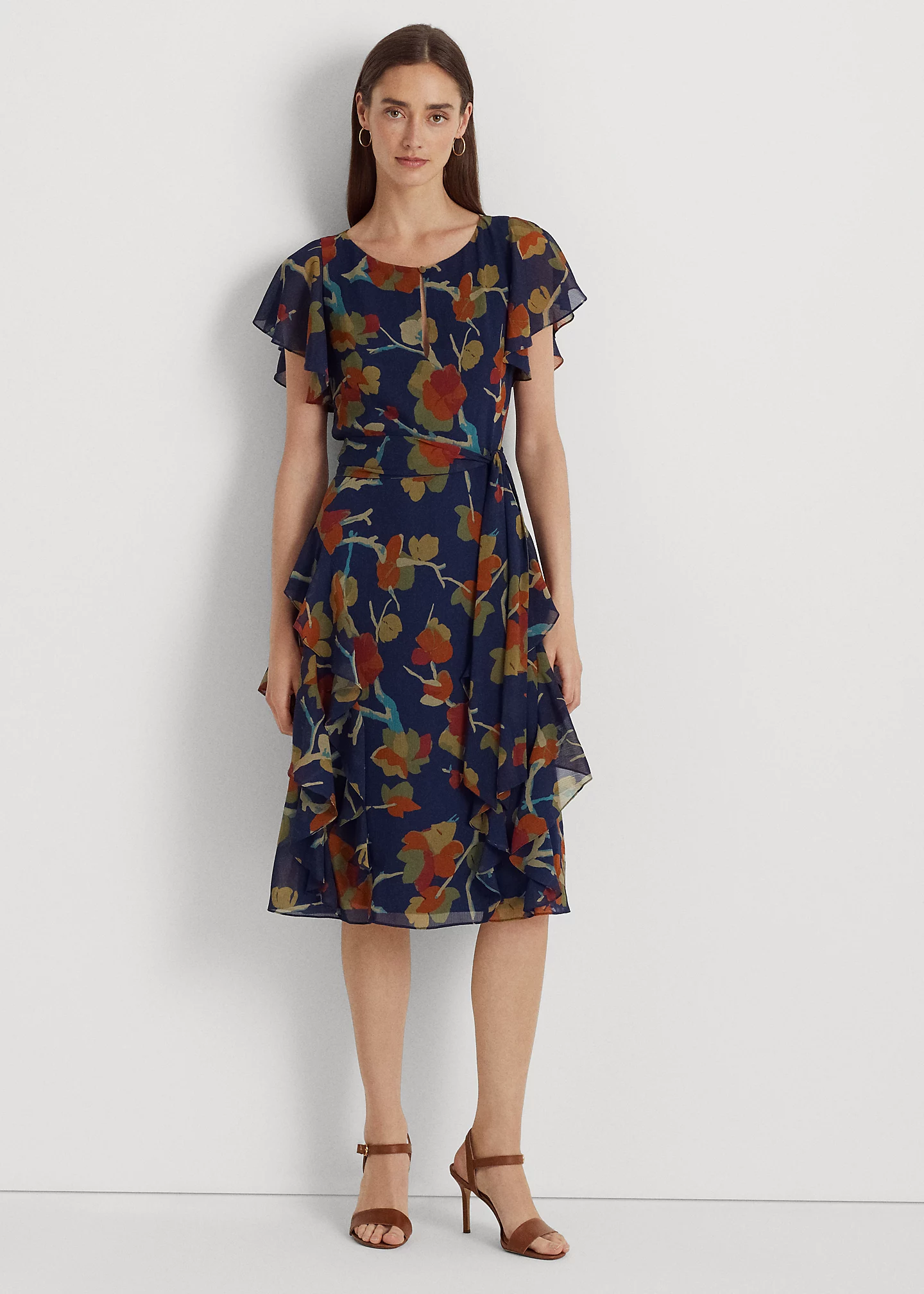 Floral Ruffle-Trim Georgette Dress
