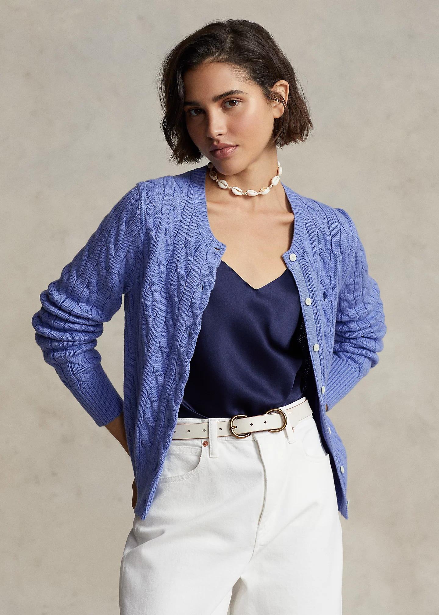 Cable-Knit Cotton Crewneck Cardigan