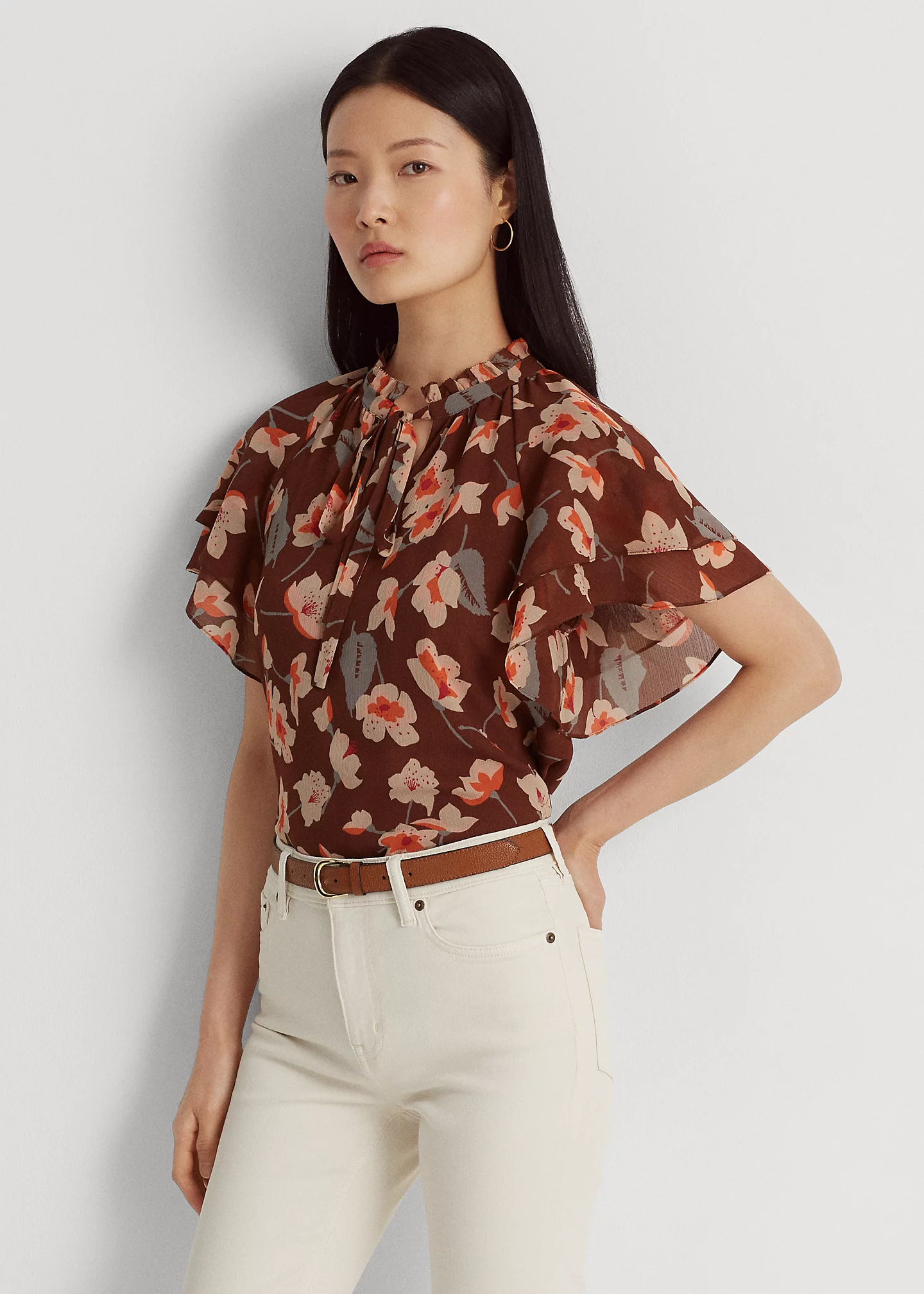 Floral Crinkle Georgette Tie-Neck Blouse