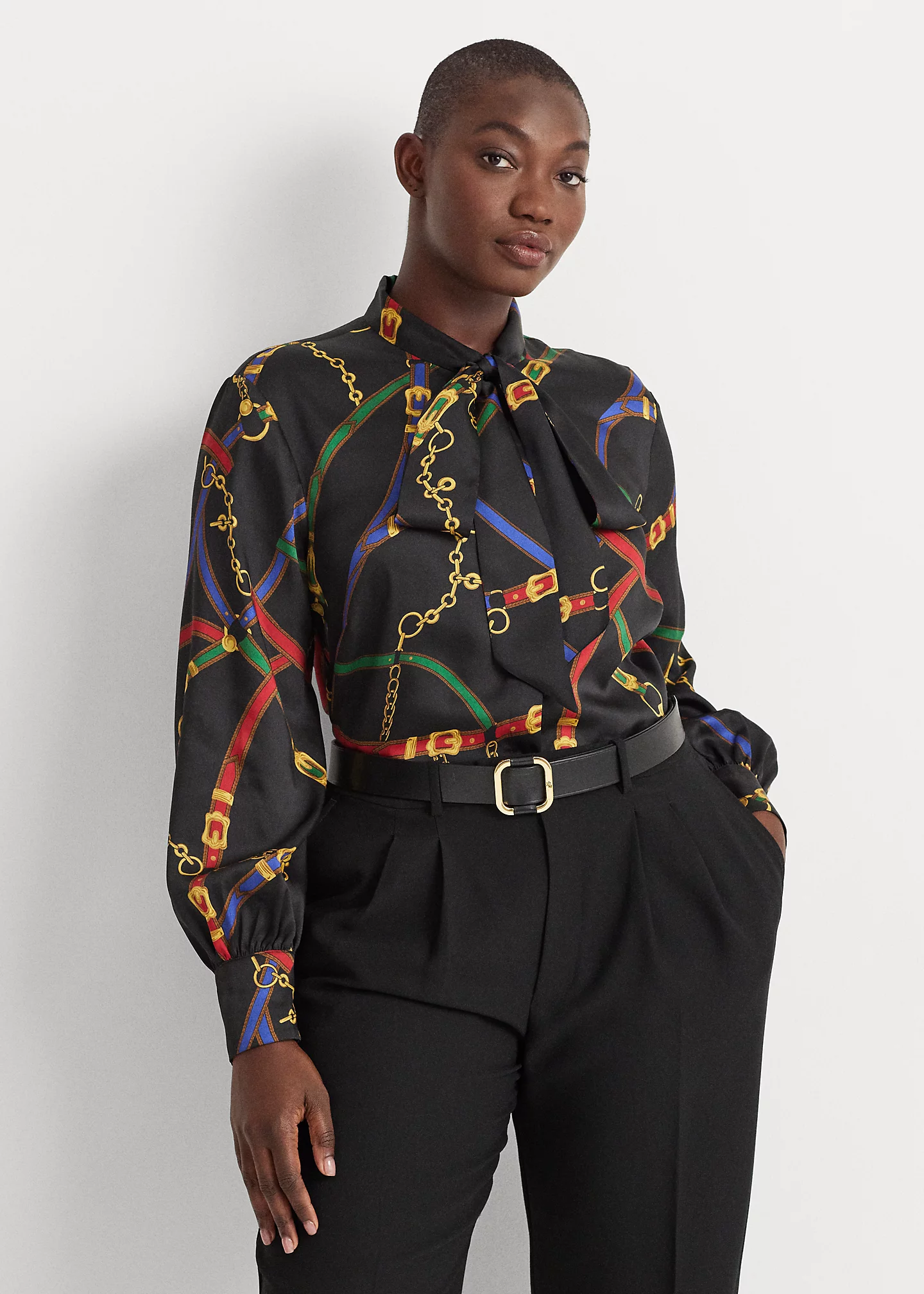 Belting-Print Twill Tie-Neck Blouse