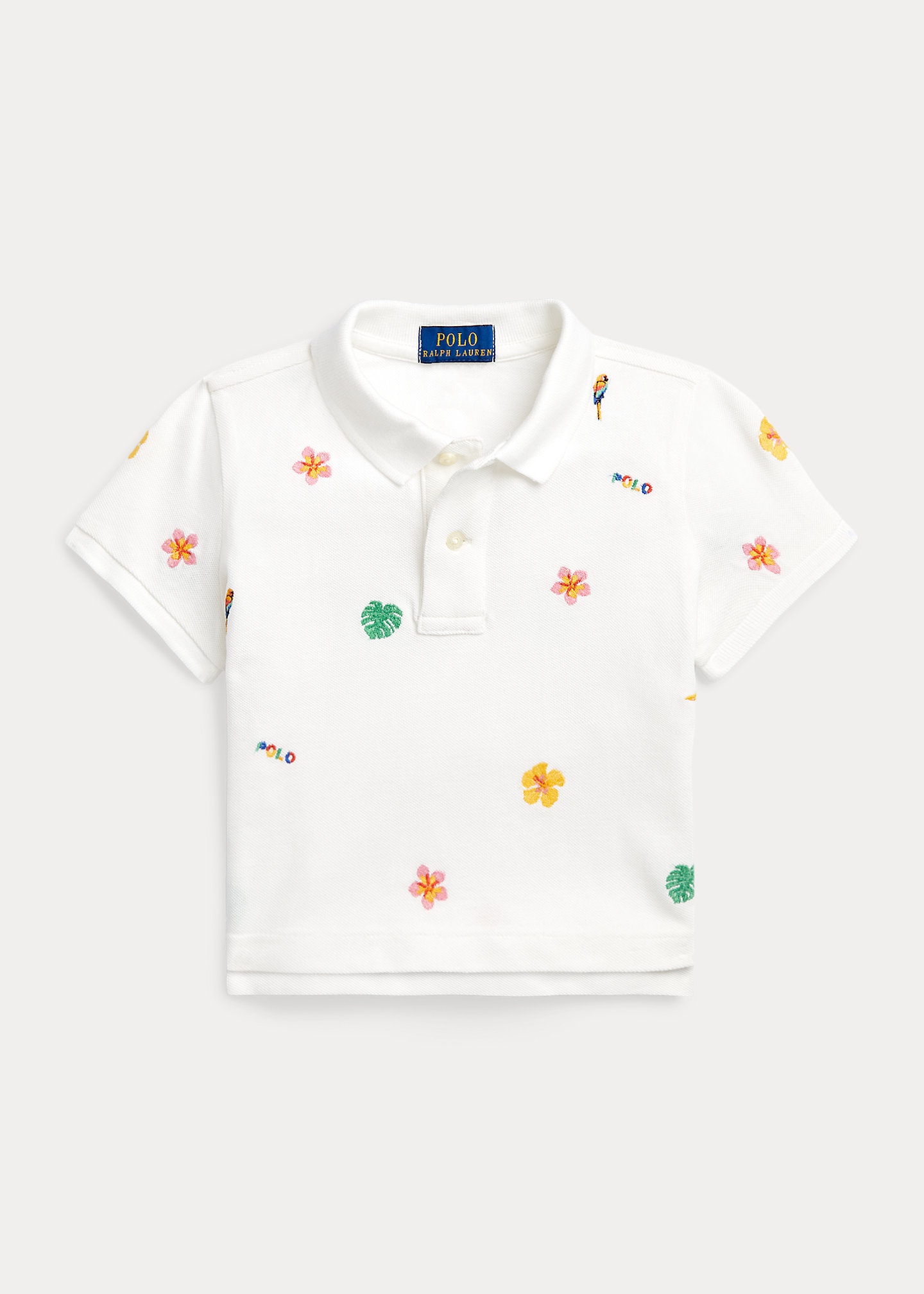 Tropical-Embroidery Mesh Boxy Polo Shirt