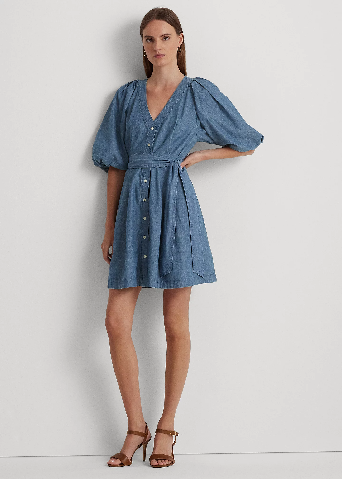 Belted Denim Bubble-Sleeve Shirtdress
