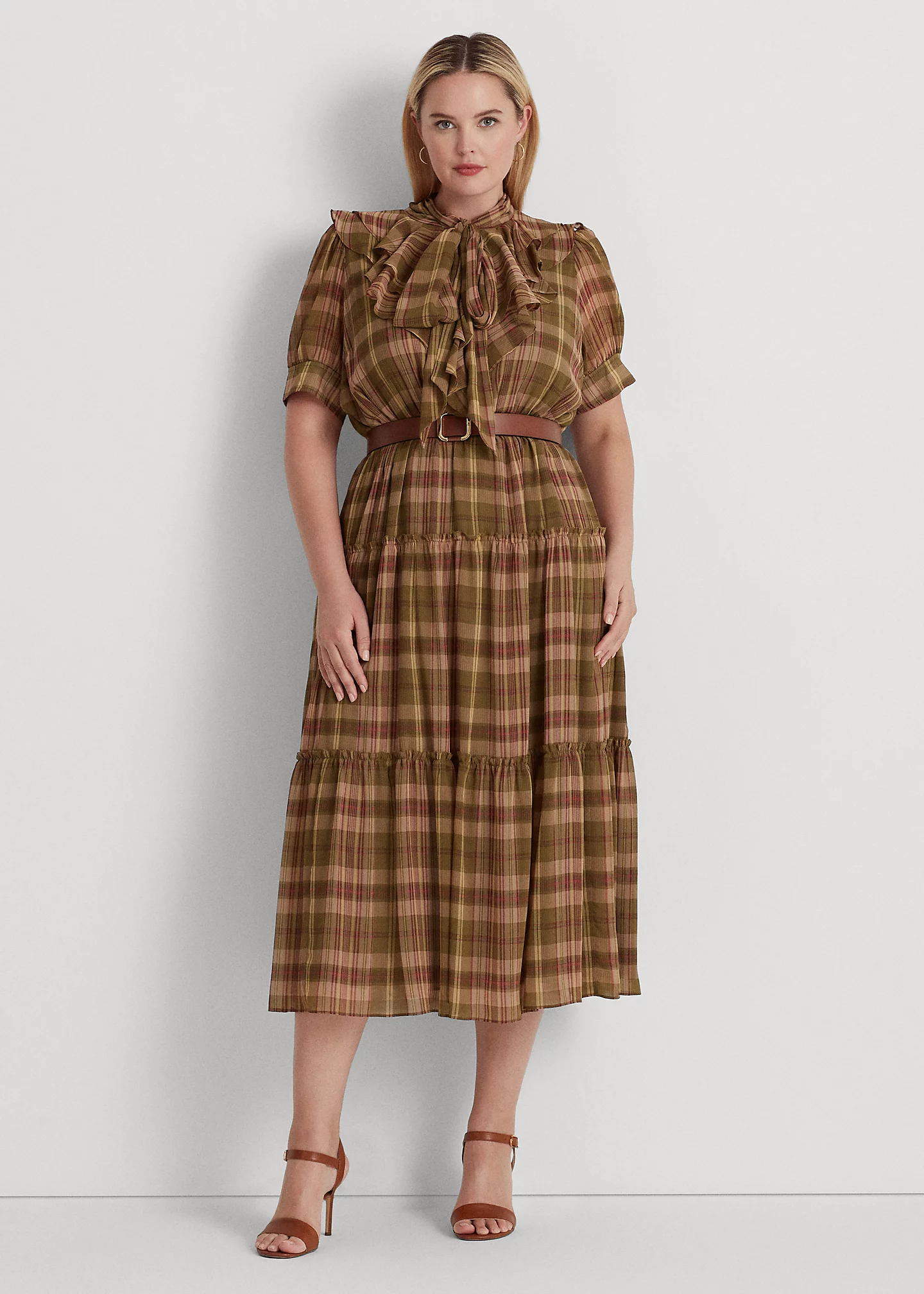 Plaid Crinkle Georgette Tie-Neck Dress
