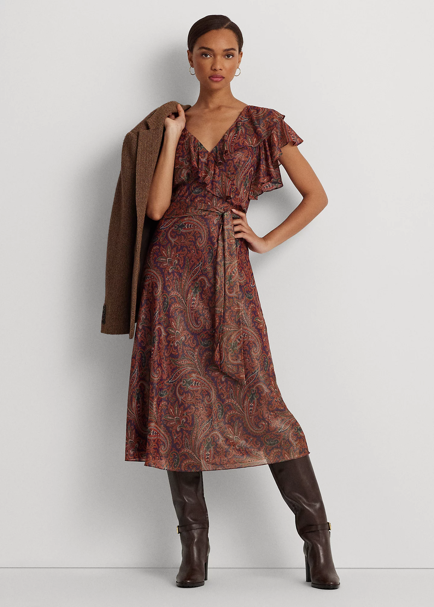 Print Ruffle-Trim Metallic Chiffon Dress