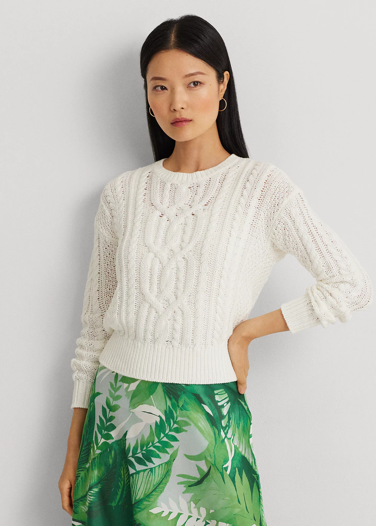 Cable-Knit Cotton Crewneck Sweater
