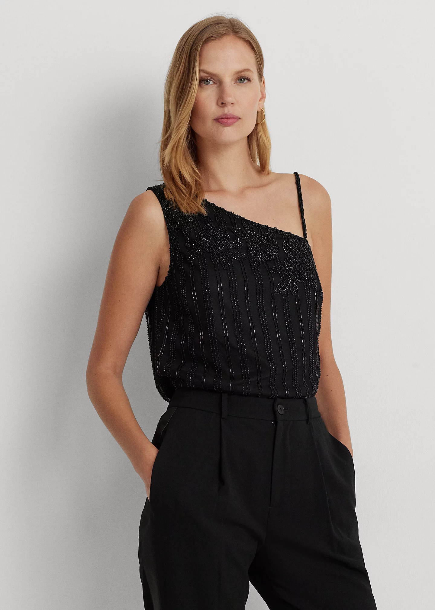 Beaded Mesh One-Shoulder Camisole