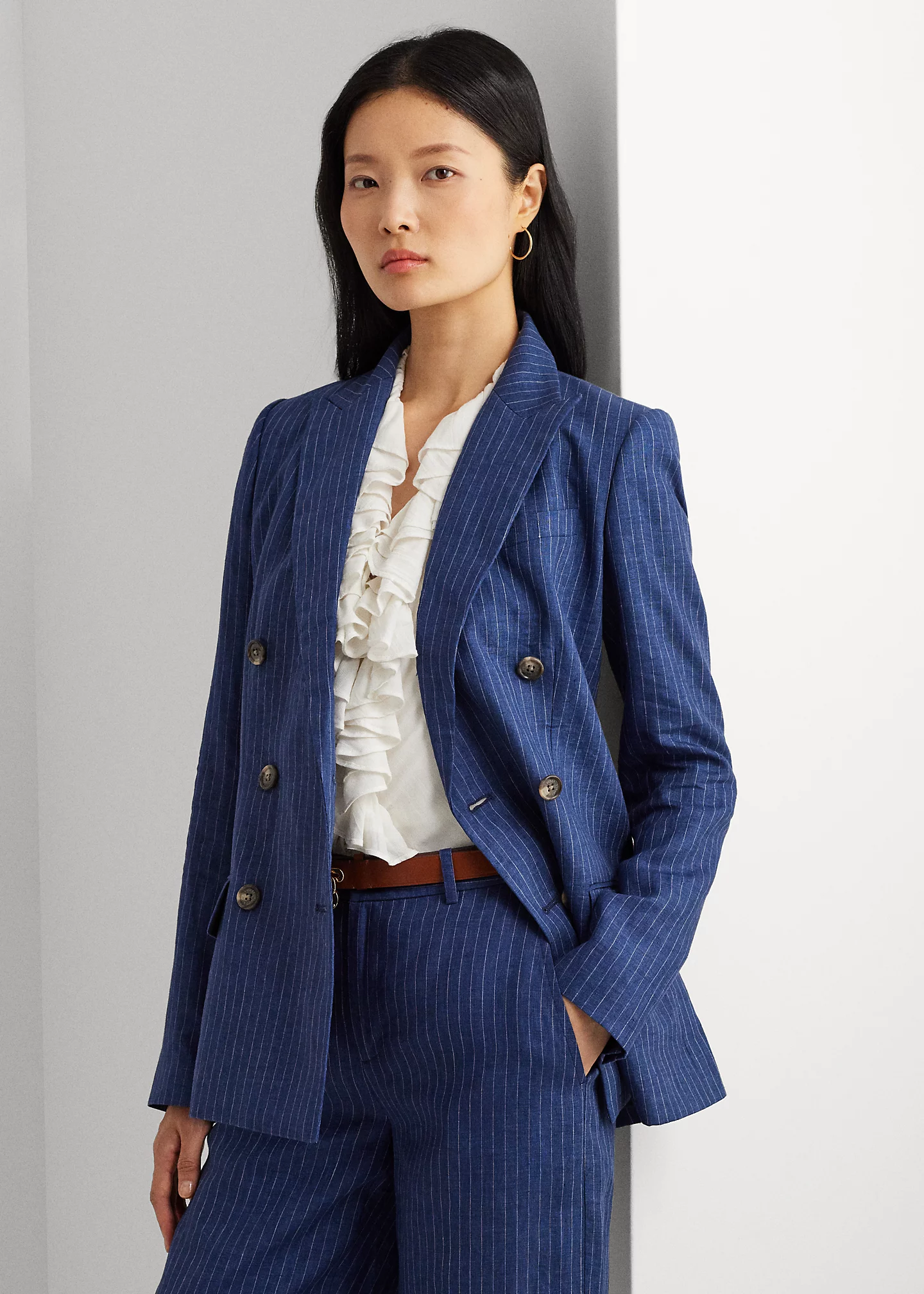 Pinstripe Double-Breasted Linen Blazer