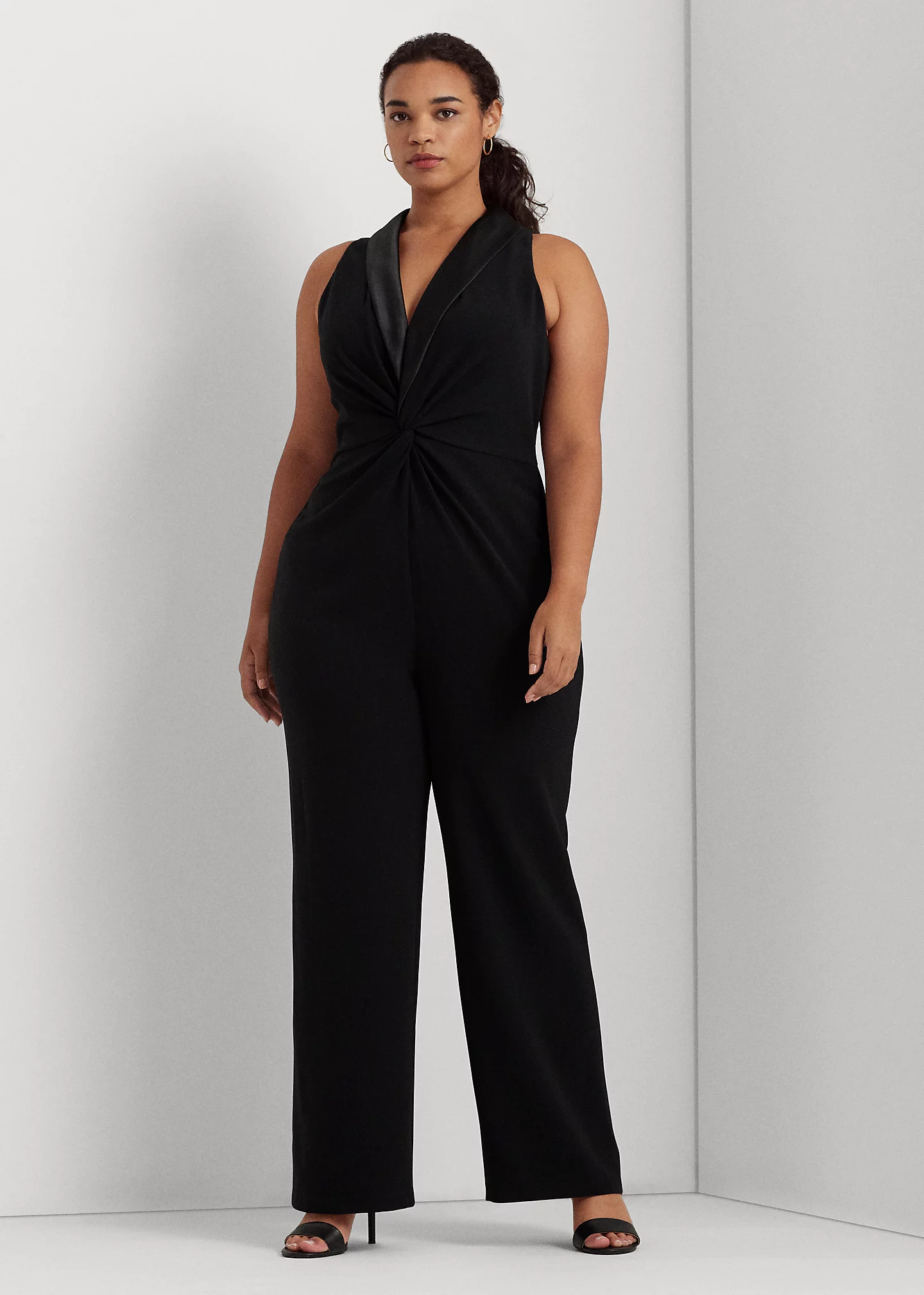 Satin-Trim Crepe Sleeveless Jumpsuit