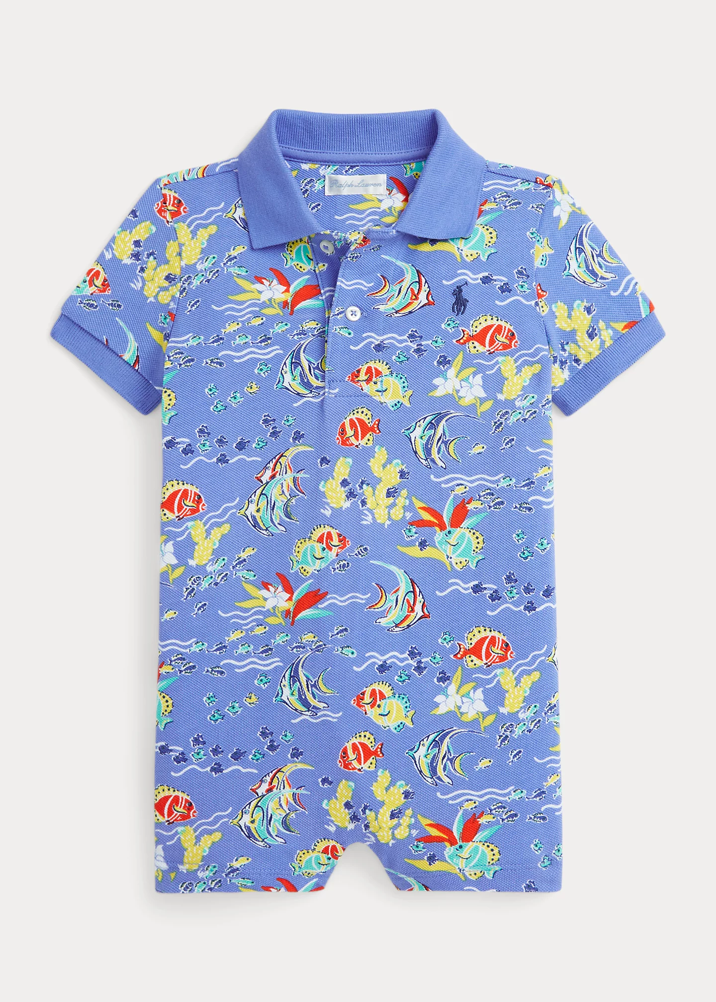 Fish-Print Cotton Mesh Polo Shortall