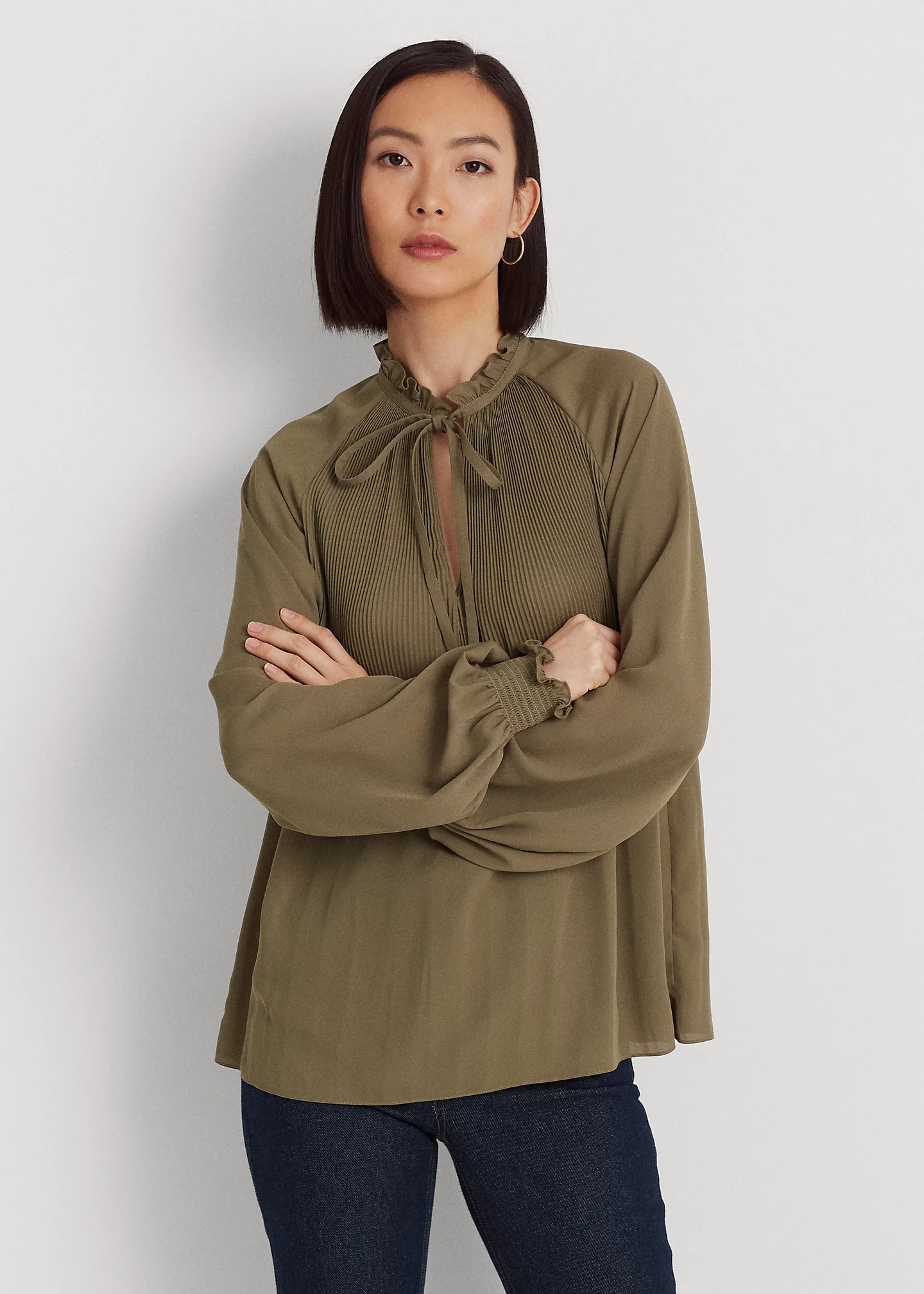 Pleated Georgette Tie-Neck Blouse