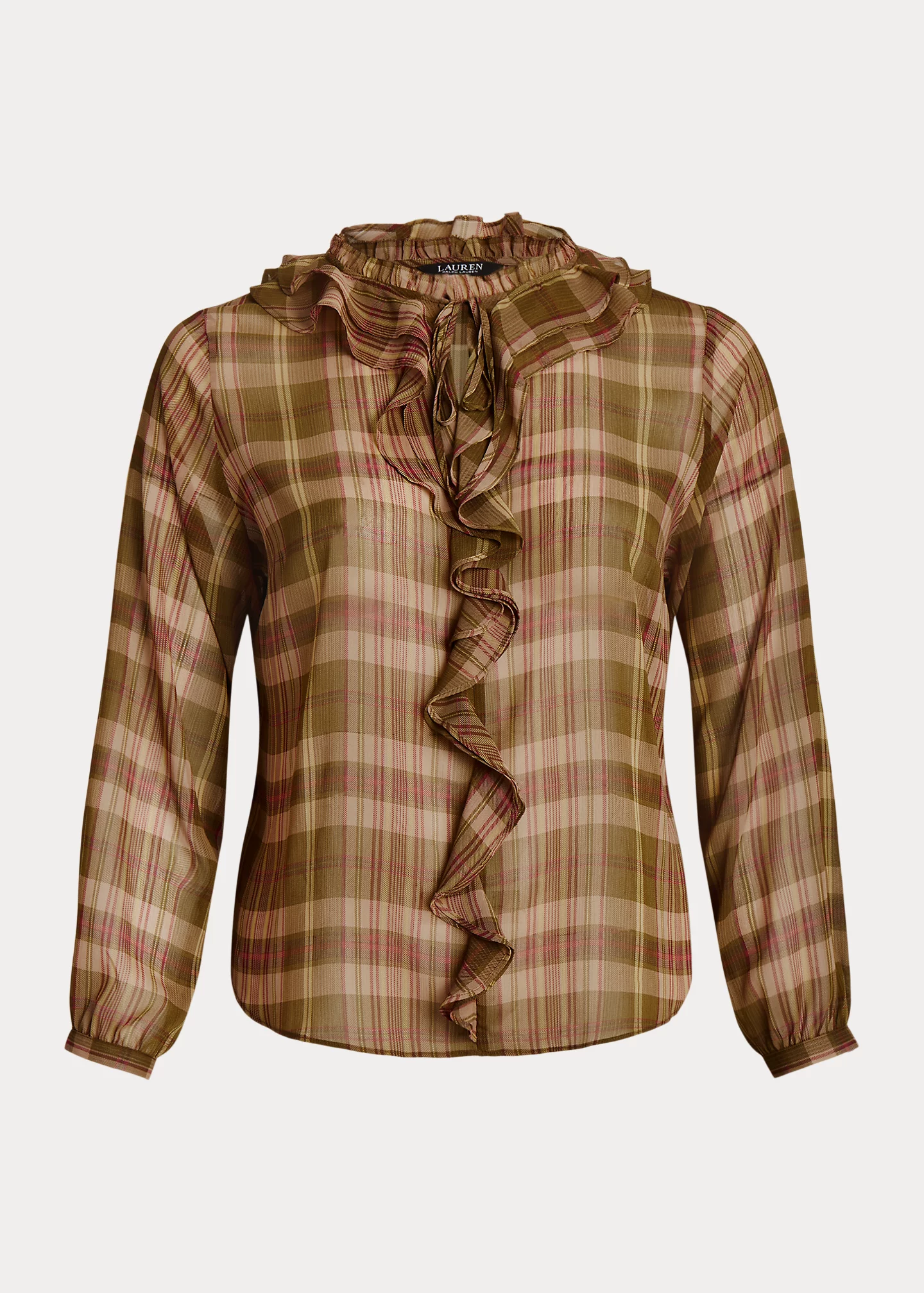 Plaid Ruffle-Trim Georgette Blouse