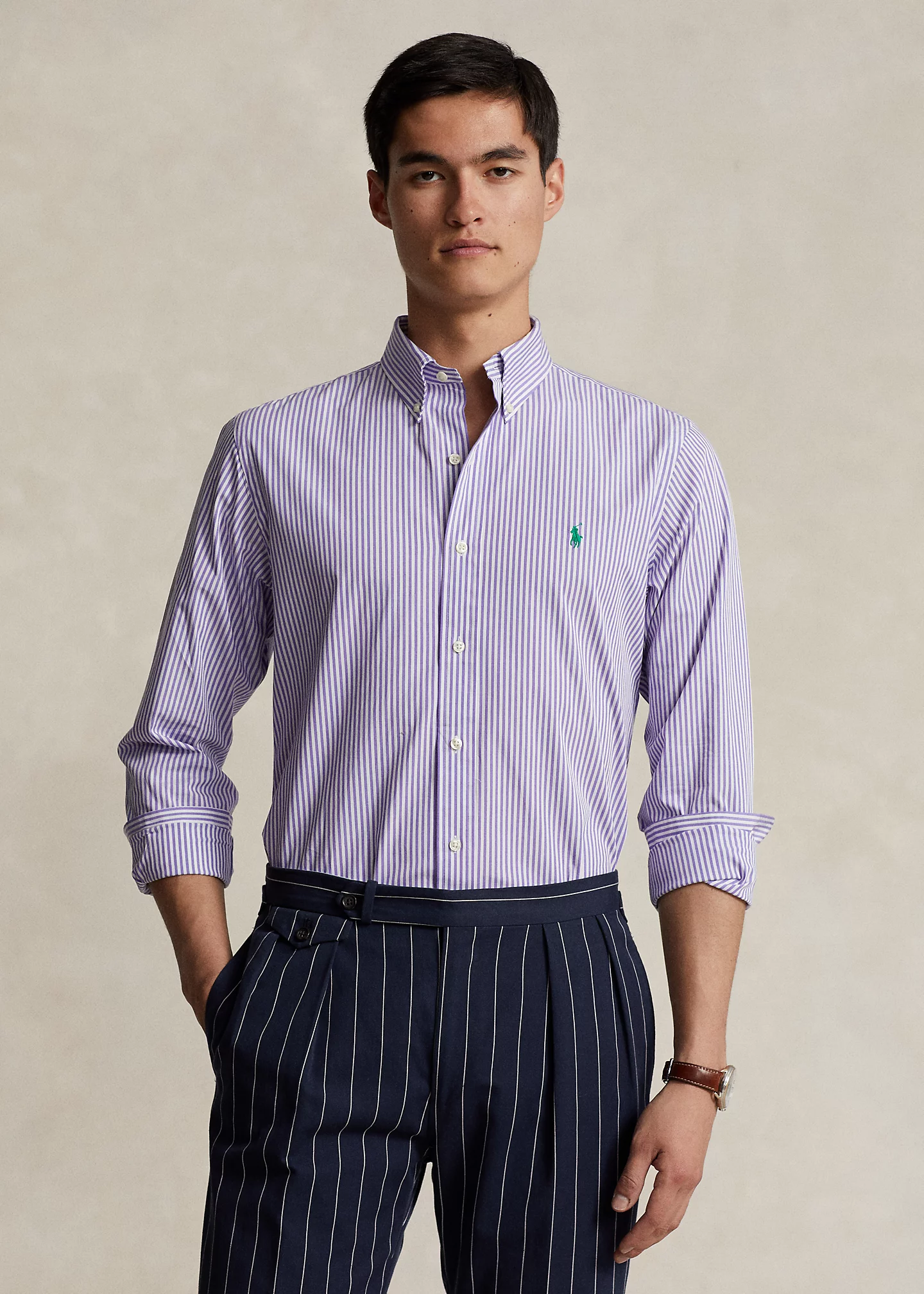 Classic Fit Striped Stretch Poplin Shirt