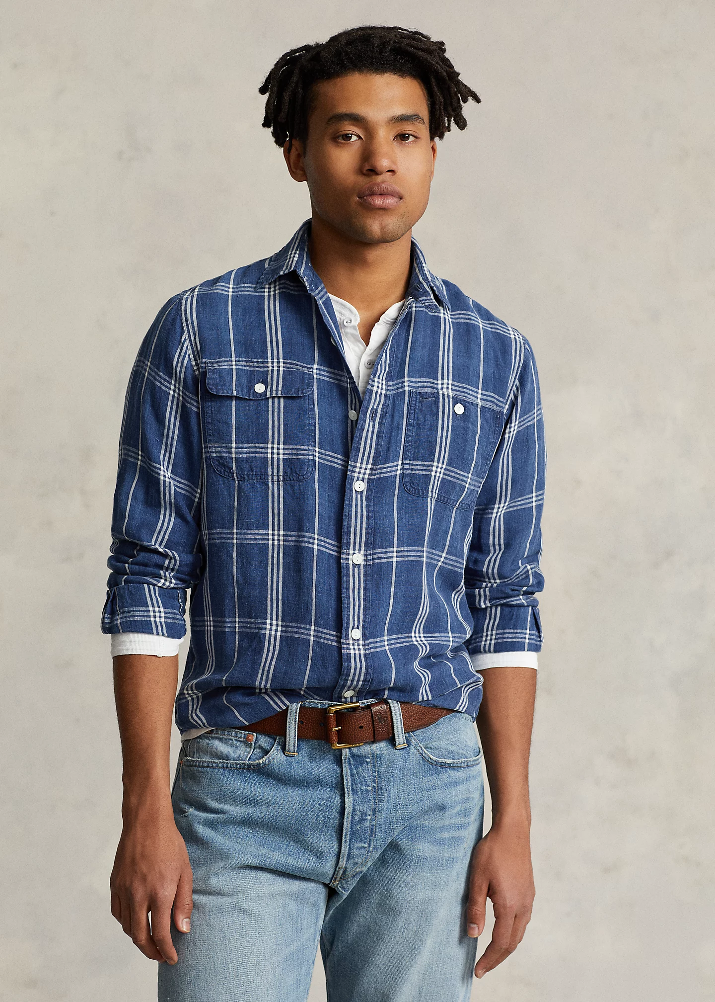 Classic Fit Indigo Plaid Linen Workshirt