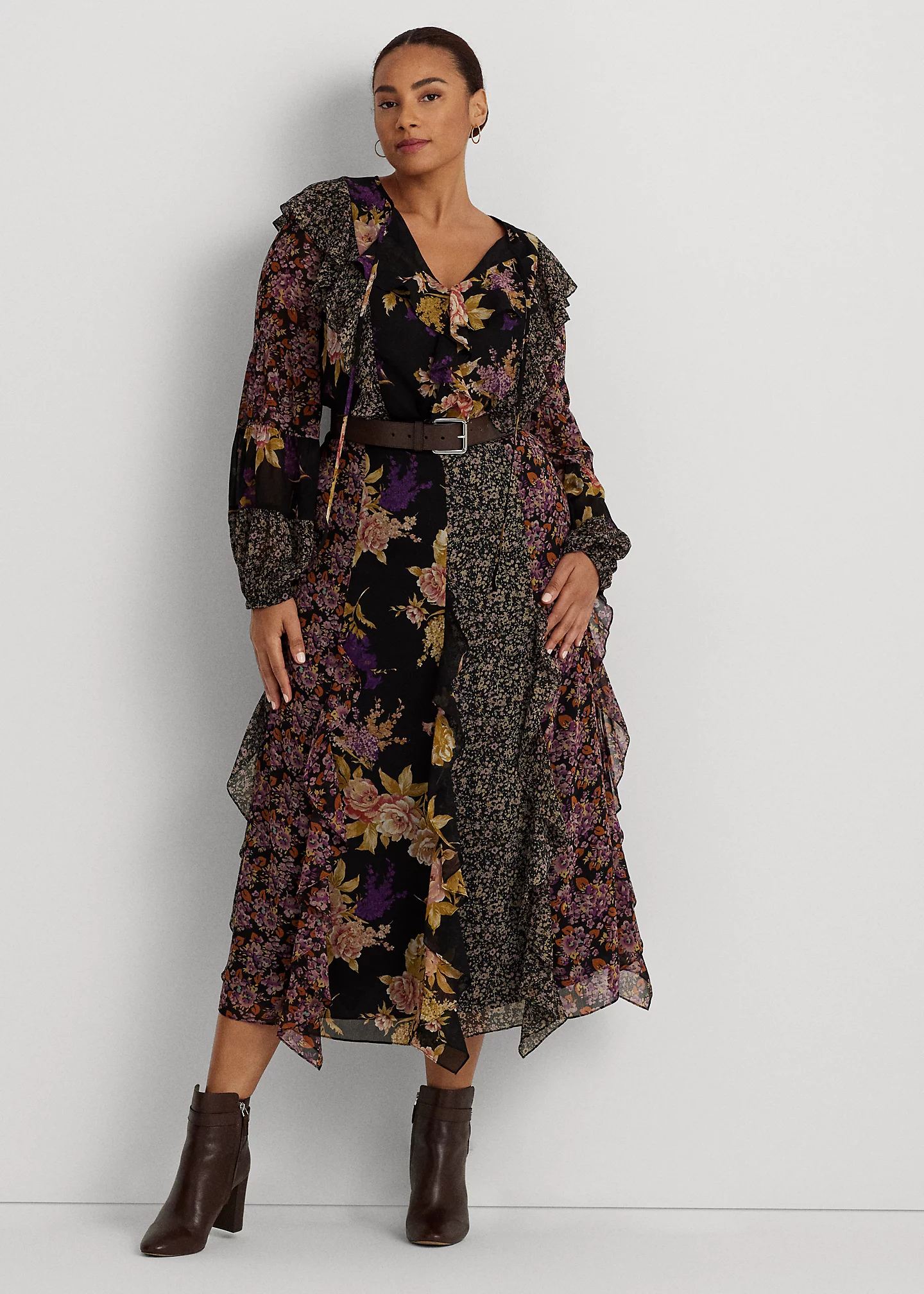 Mixed-Floral Ruffle-Trim Georgette Skirt