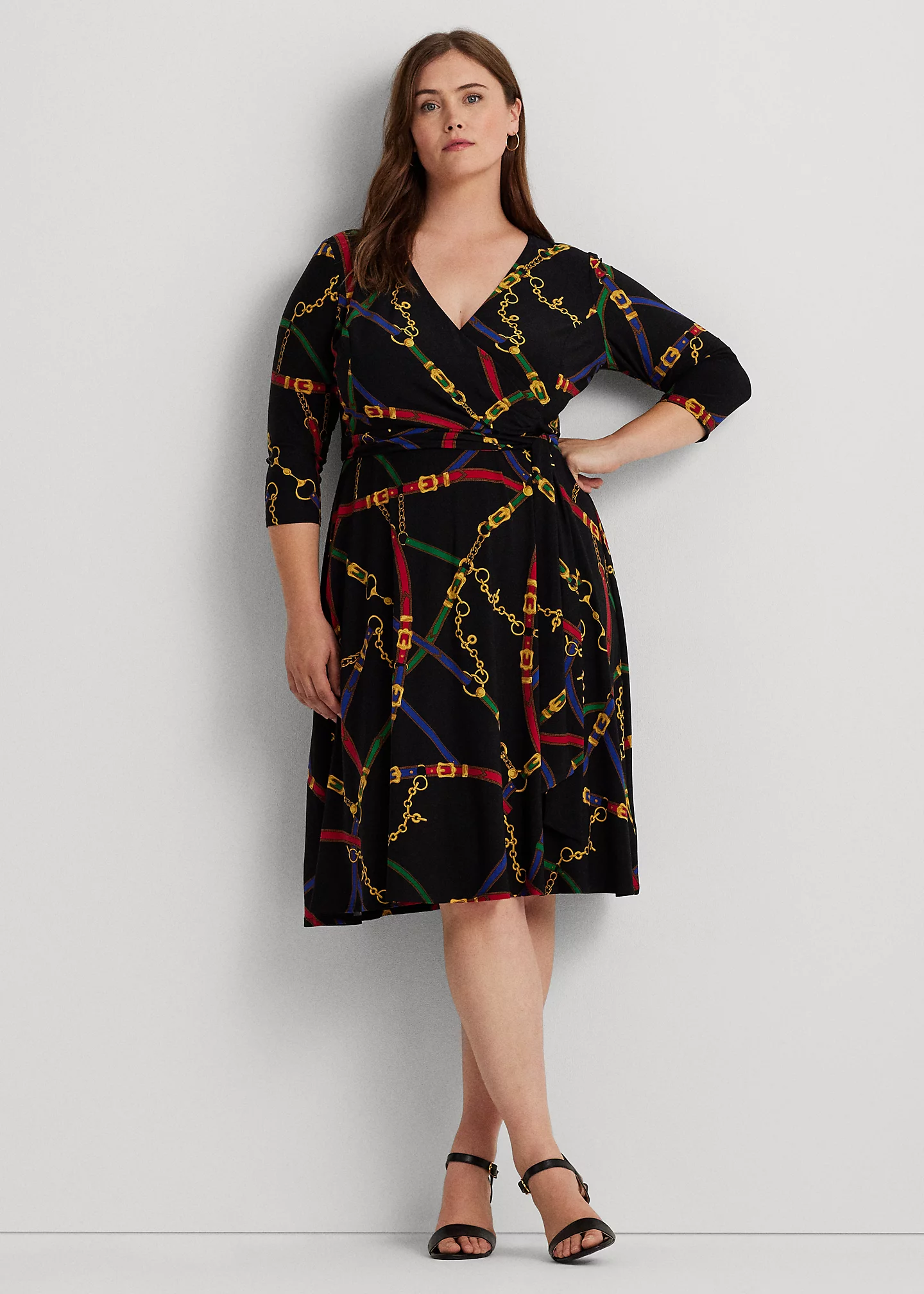Belting-Print Surplice Jersey Dress