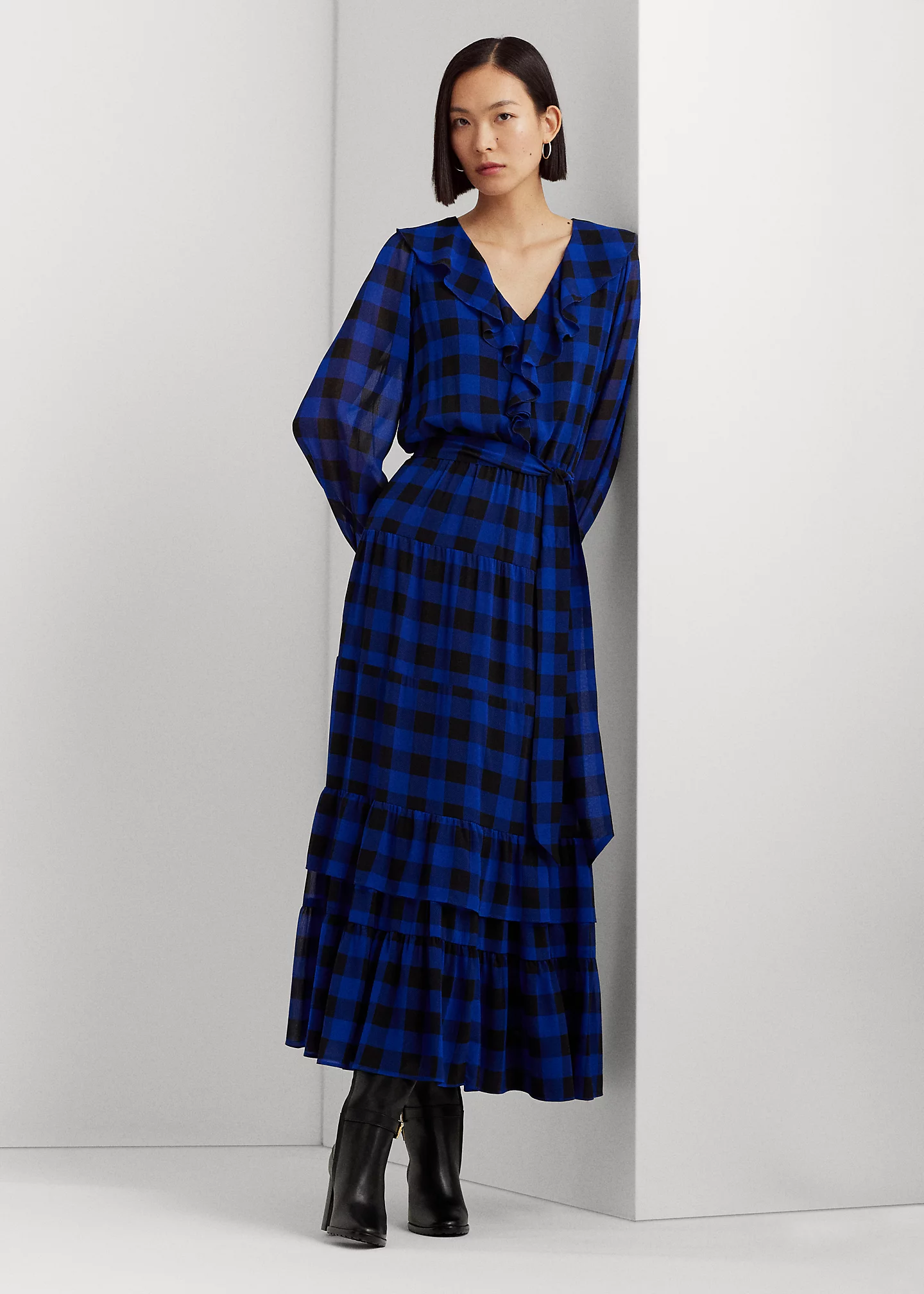 Buffalo Check Belted Georgette Dress