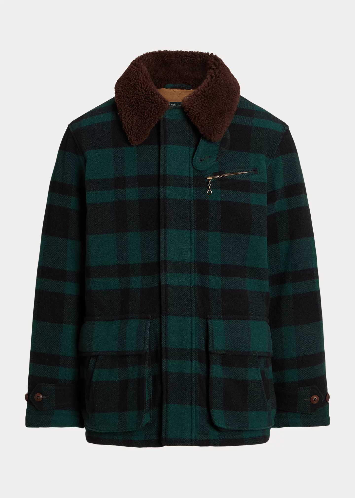 Shearling-Collar Plaid Barn Coat