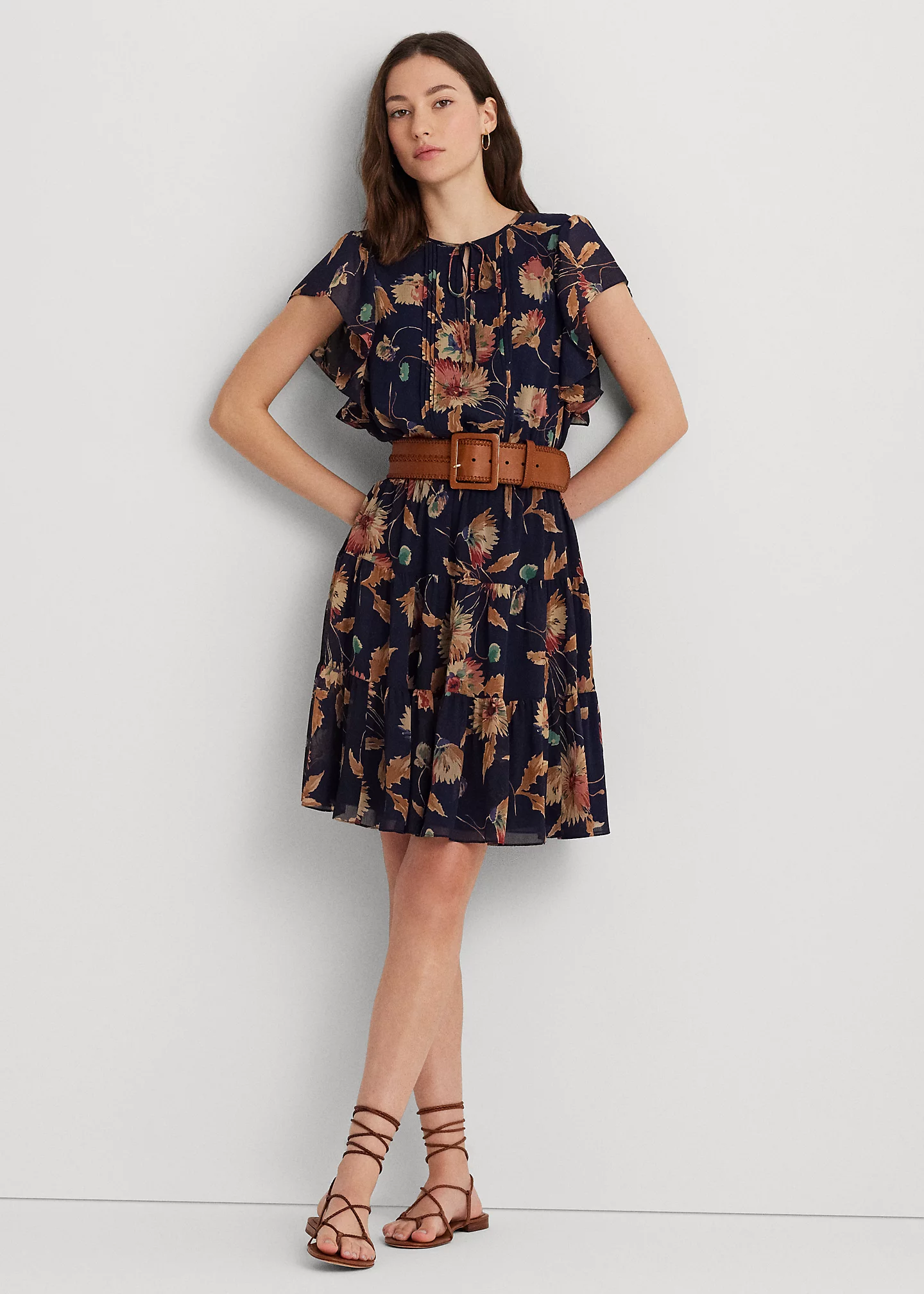 Floral Crinkle Georgette Tie-Neck Dress