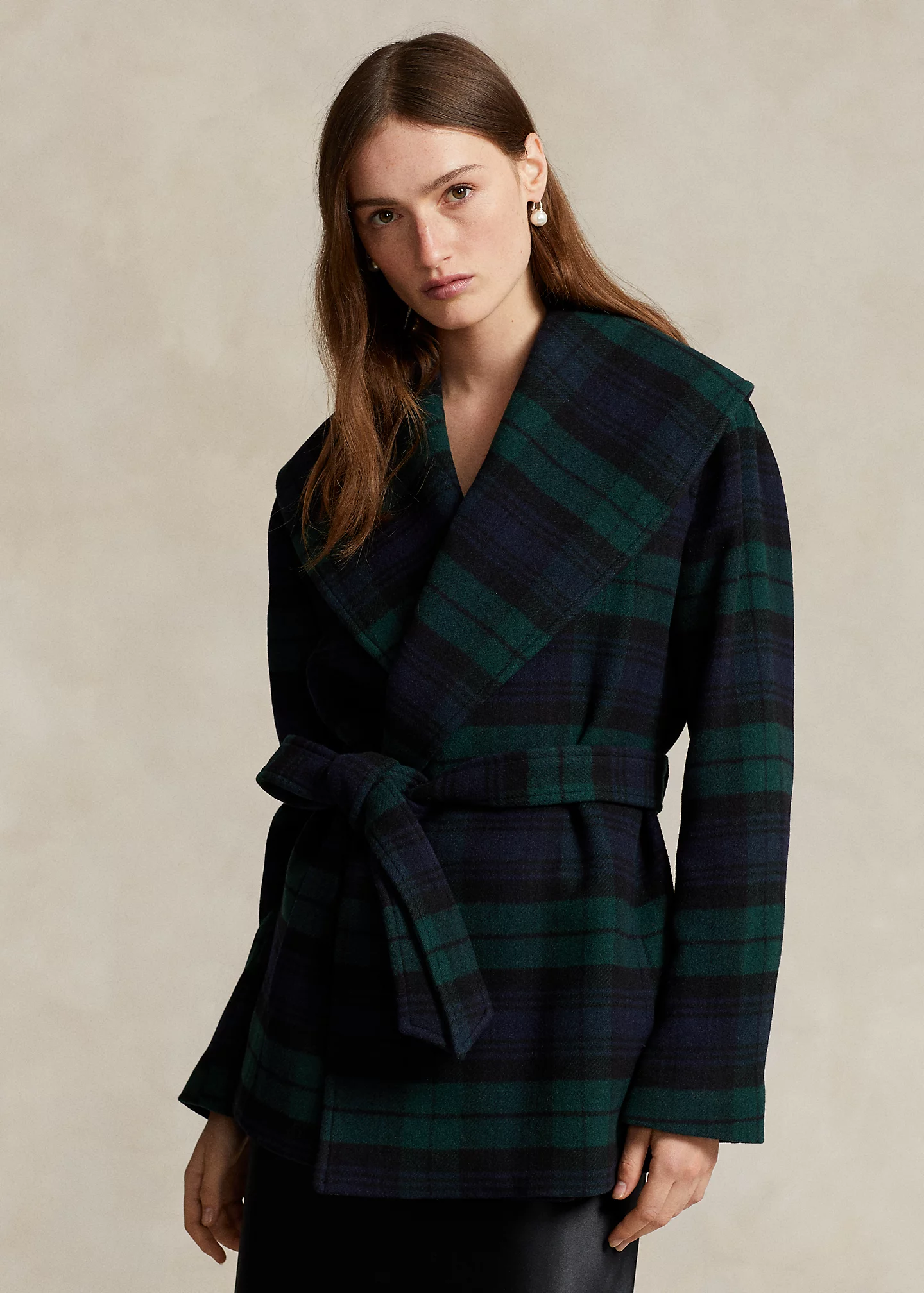 Plaid Wool-Blend Twill Wrap Coat