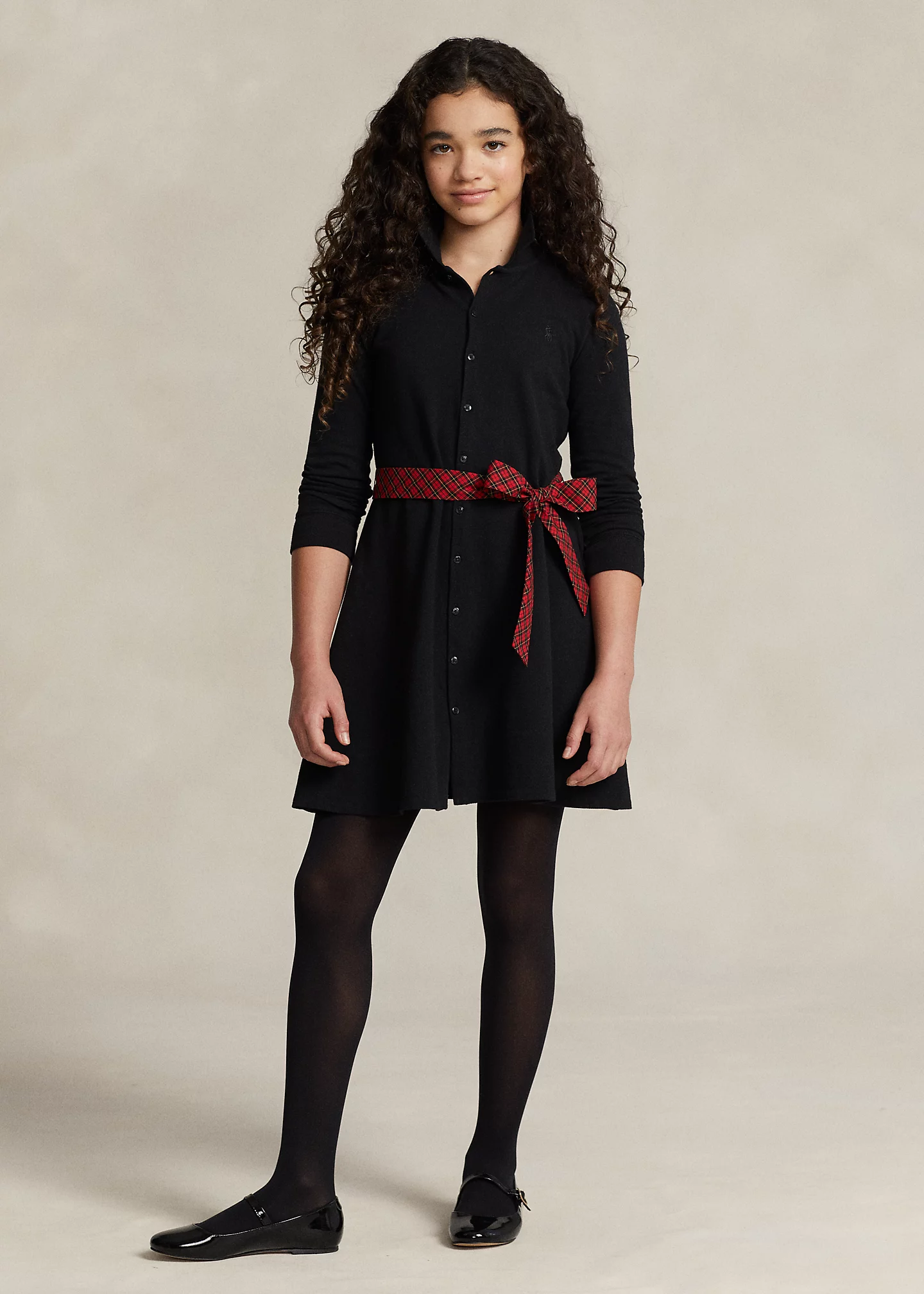 Plaid-Sash Knit Oxford Dress