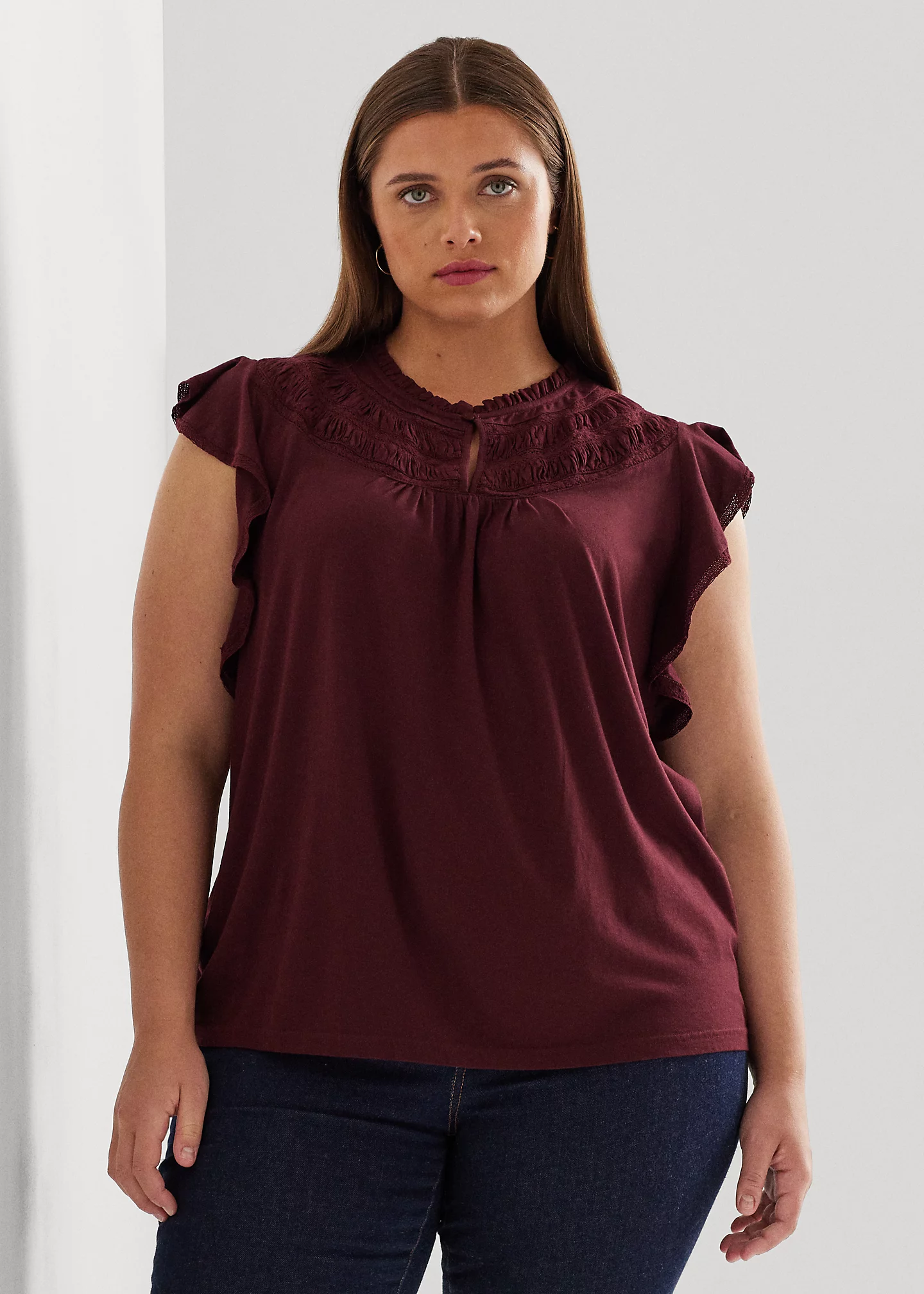 Lace-Trim Jersey Flutter-Sleeve Blouse