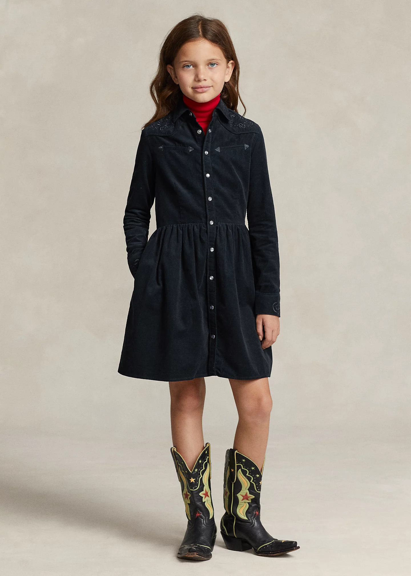 Embroidered Corduroy Western Shirtdress