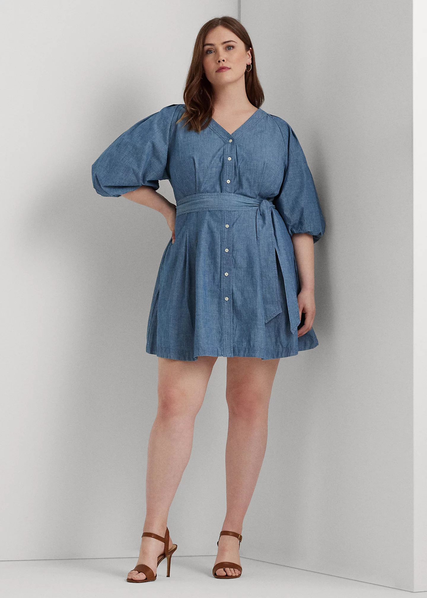 Belted Denim Bubble-Sleeve Shirtdress