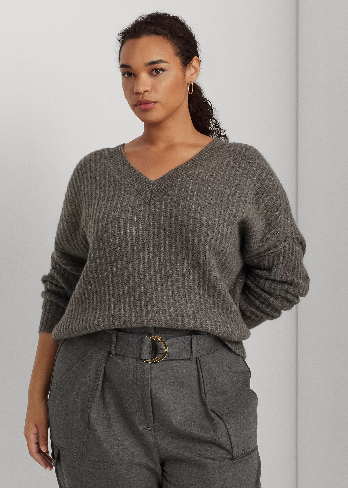 Wool-Blend Ribbed V-Neck Sweater