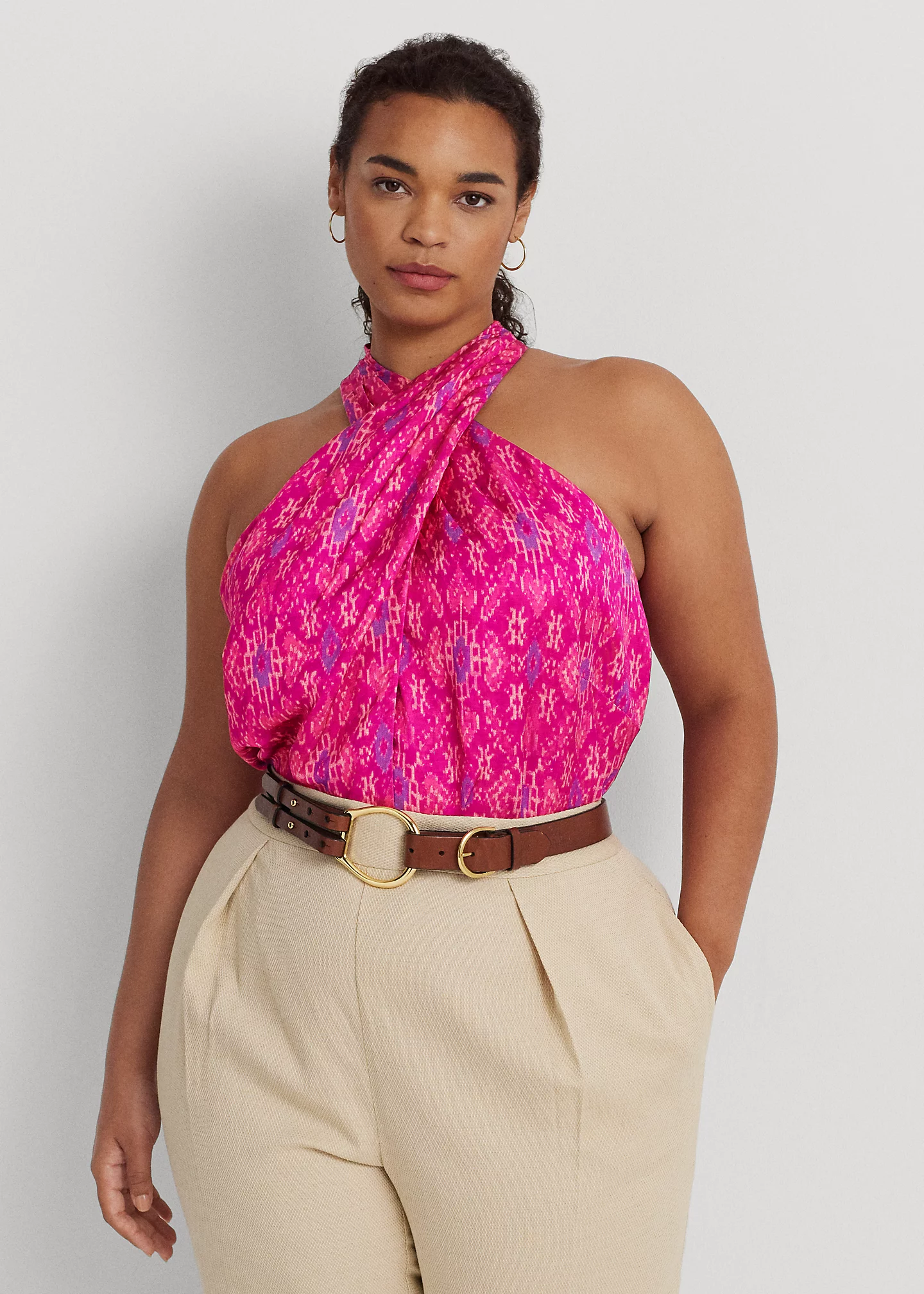 Geo-Print Shantung Halter Blouse