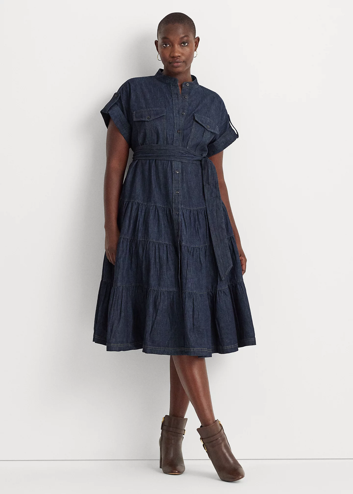Belted Denim Tiered Shirtdress