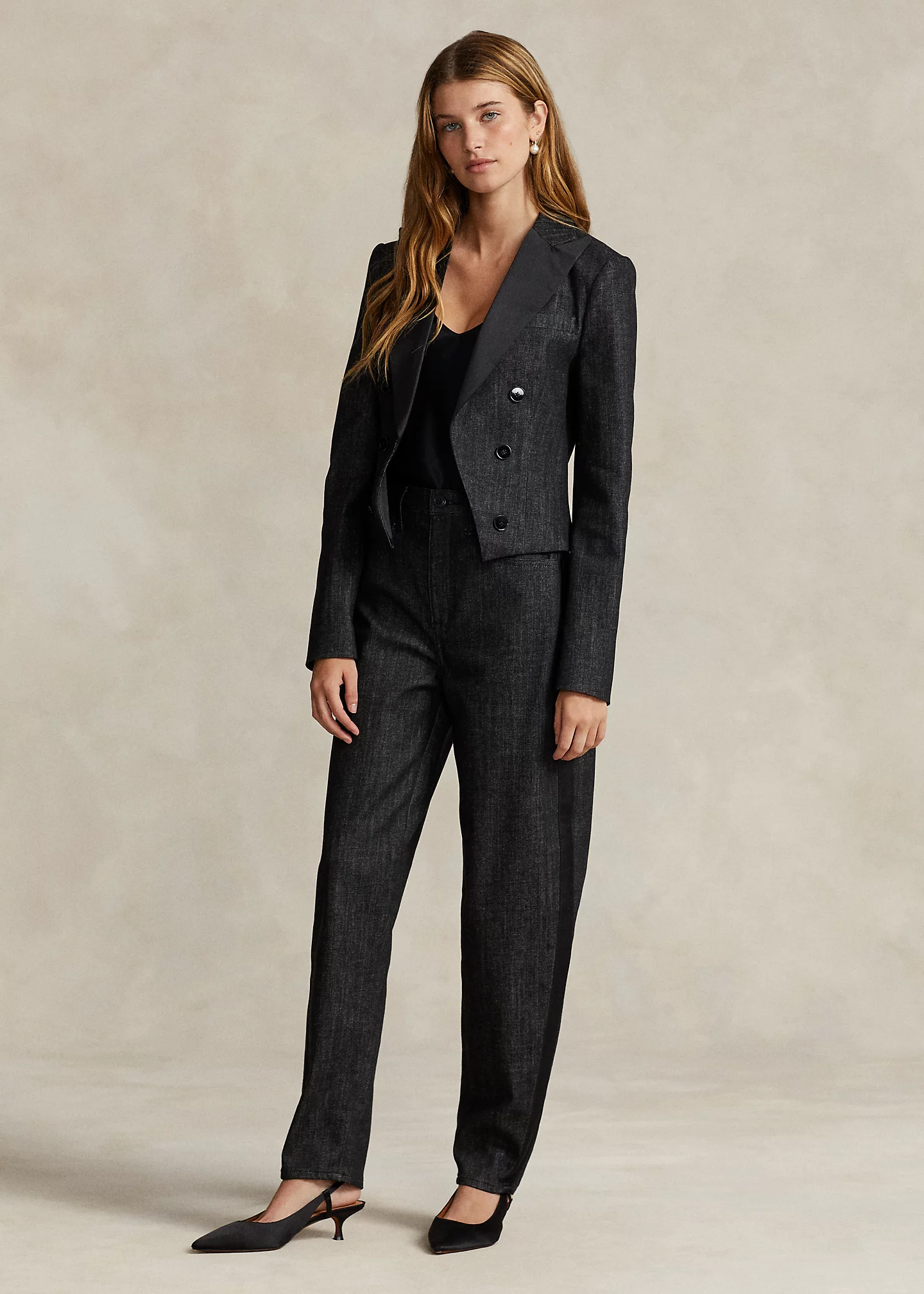 Satin-Stripe Curved Tapered Jean