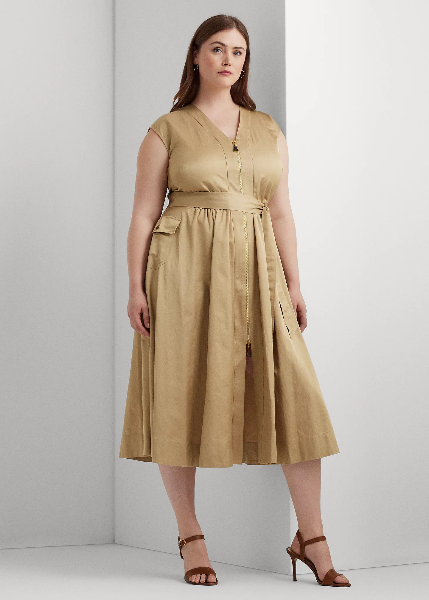 Belted Shantung Cap-Sleeve Dress