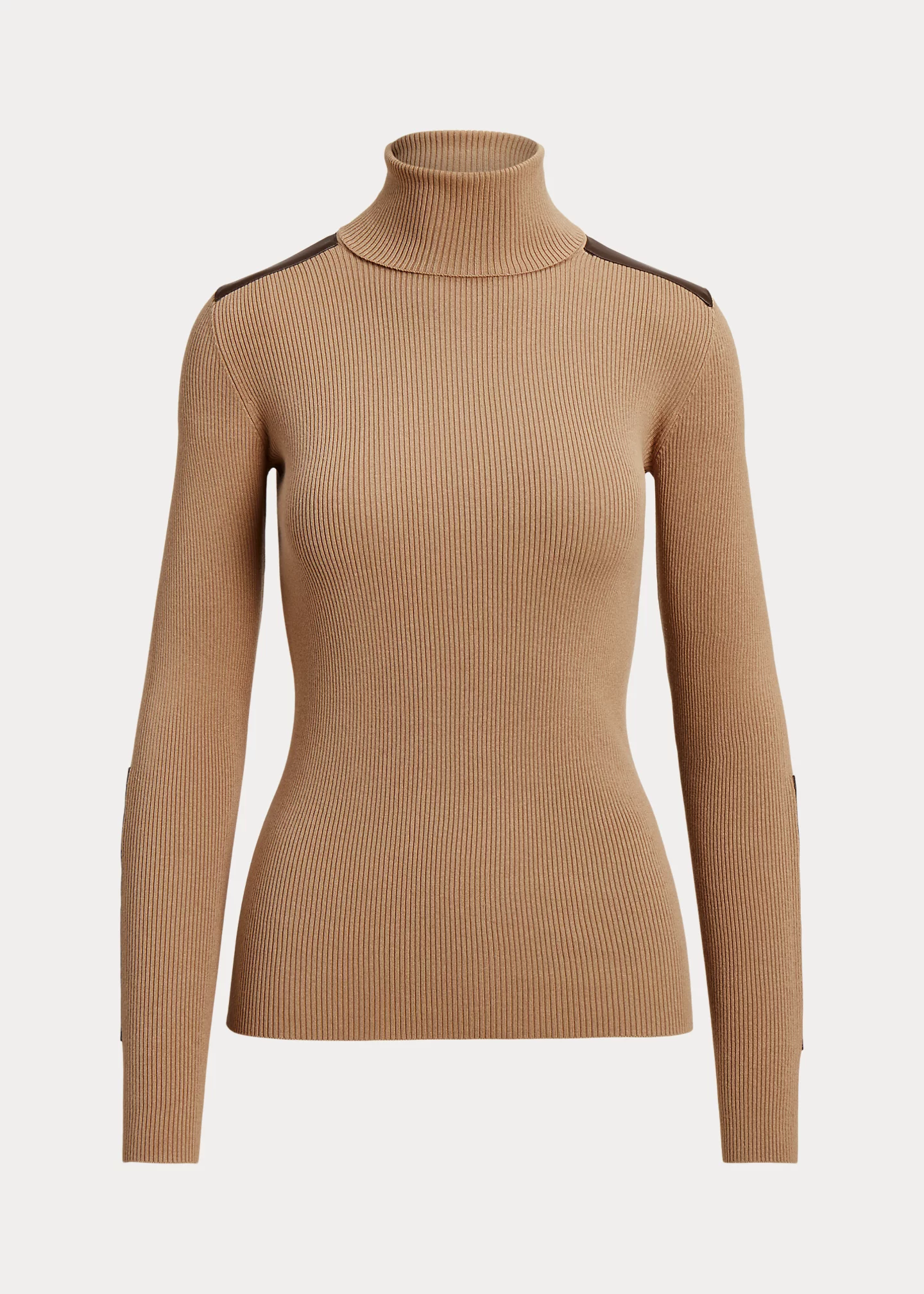 Faux-Leather-Trim Ribbed Turtleneck