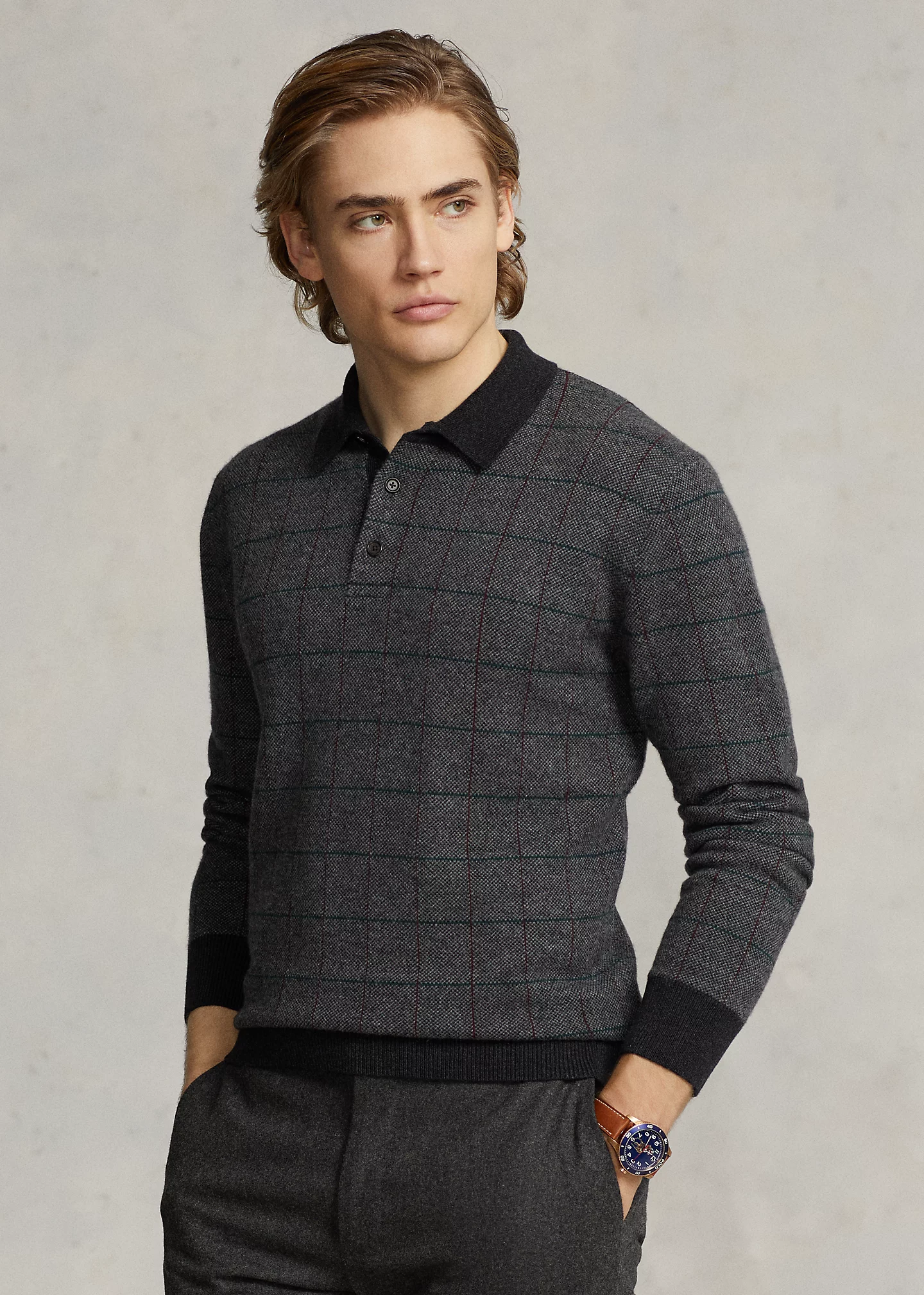 Checked Wool Polo-Collar Sweater