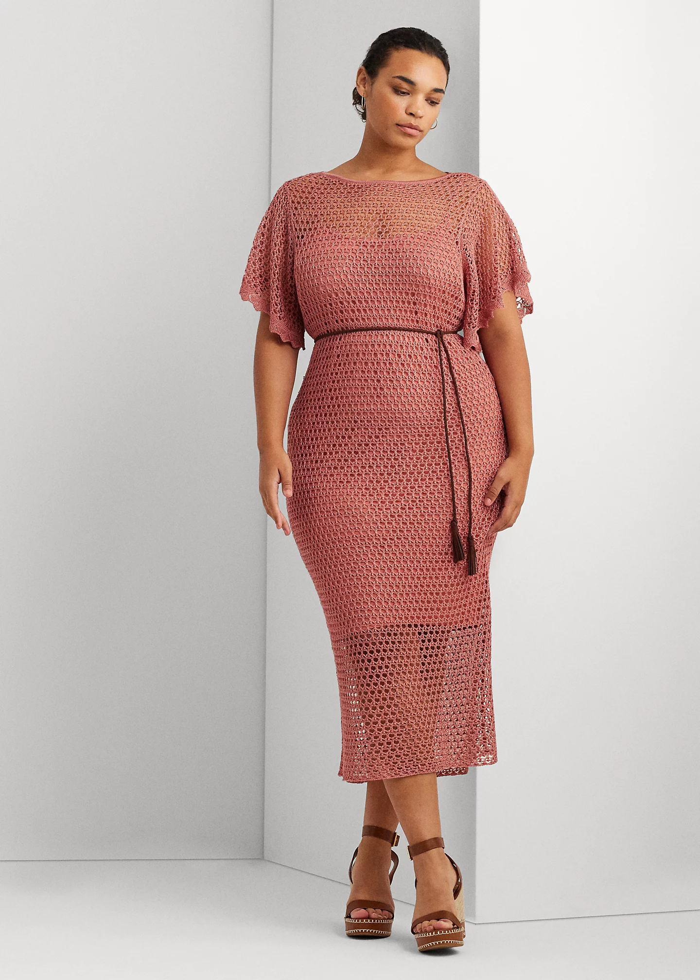 Belted Linen-Blend Pointelle-Knit Dress