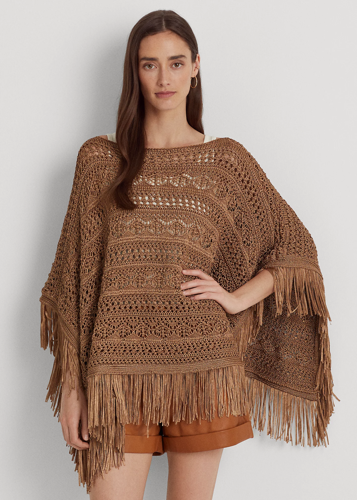 Fringe-Trim Pointelle-Knit Poncho
