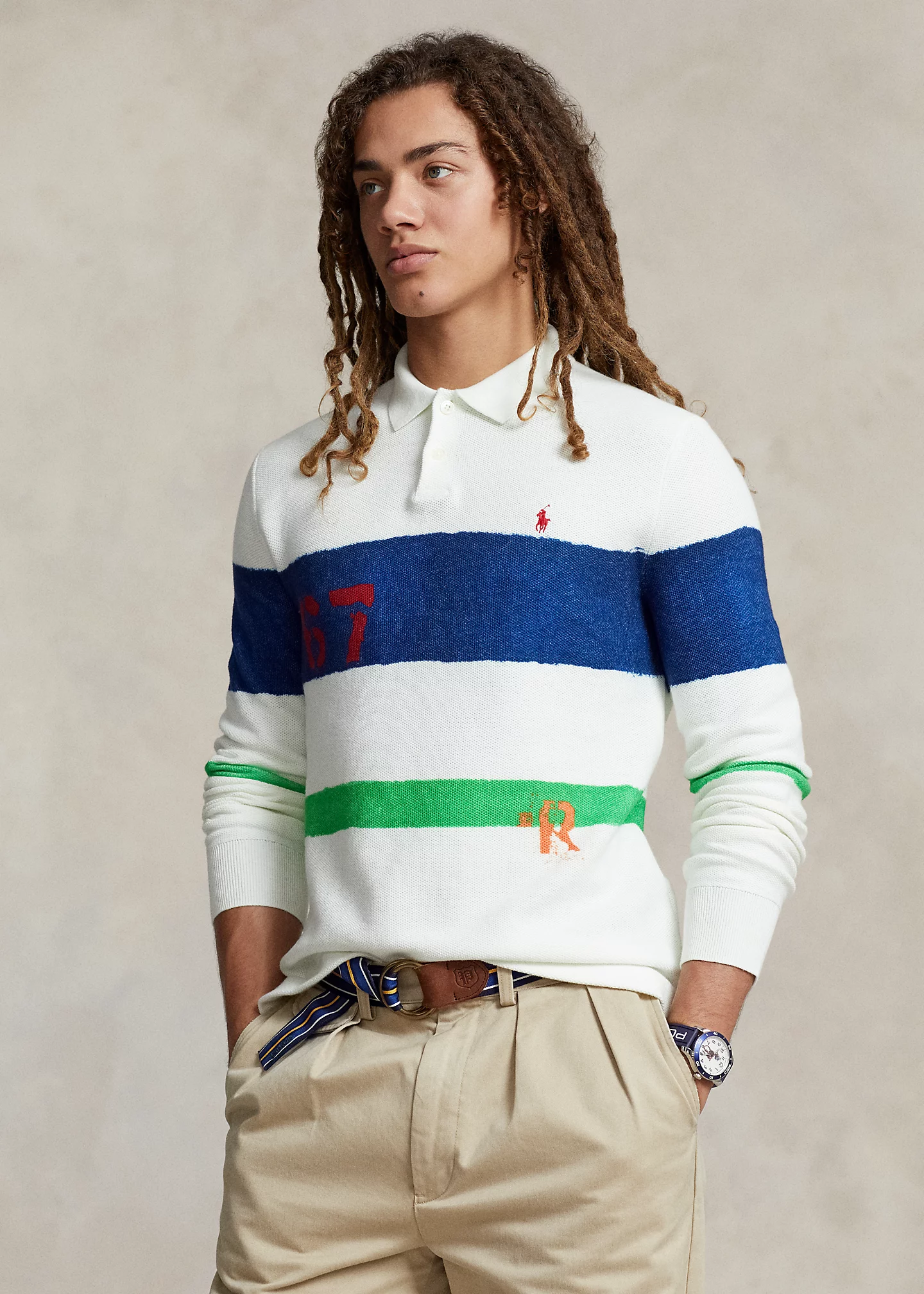 Mesh-Knit Cotton Polo-Collar Sweater