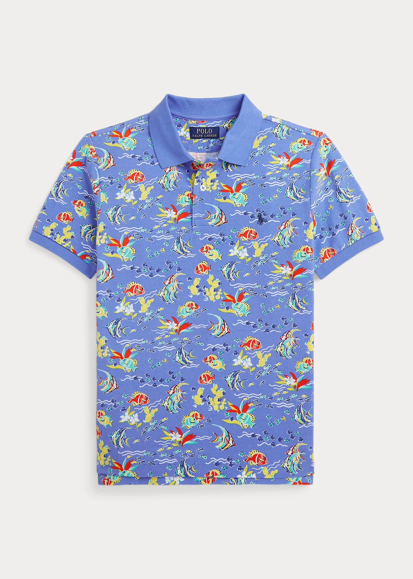 Fish-Print Cotton Mesh Polo Shirt
