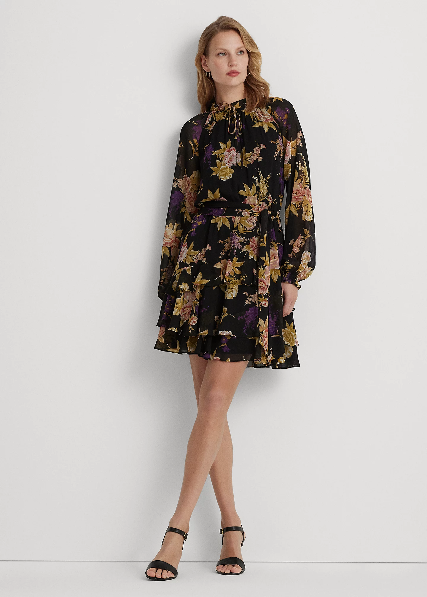 Floral Belted Crinkle Georgette Dress