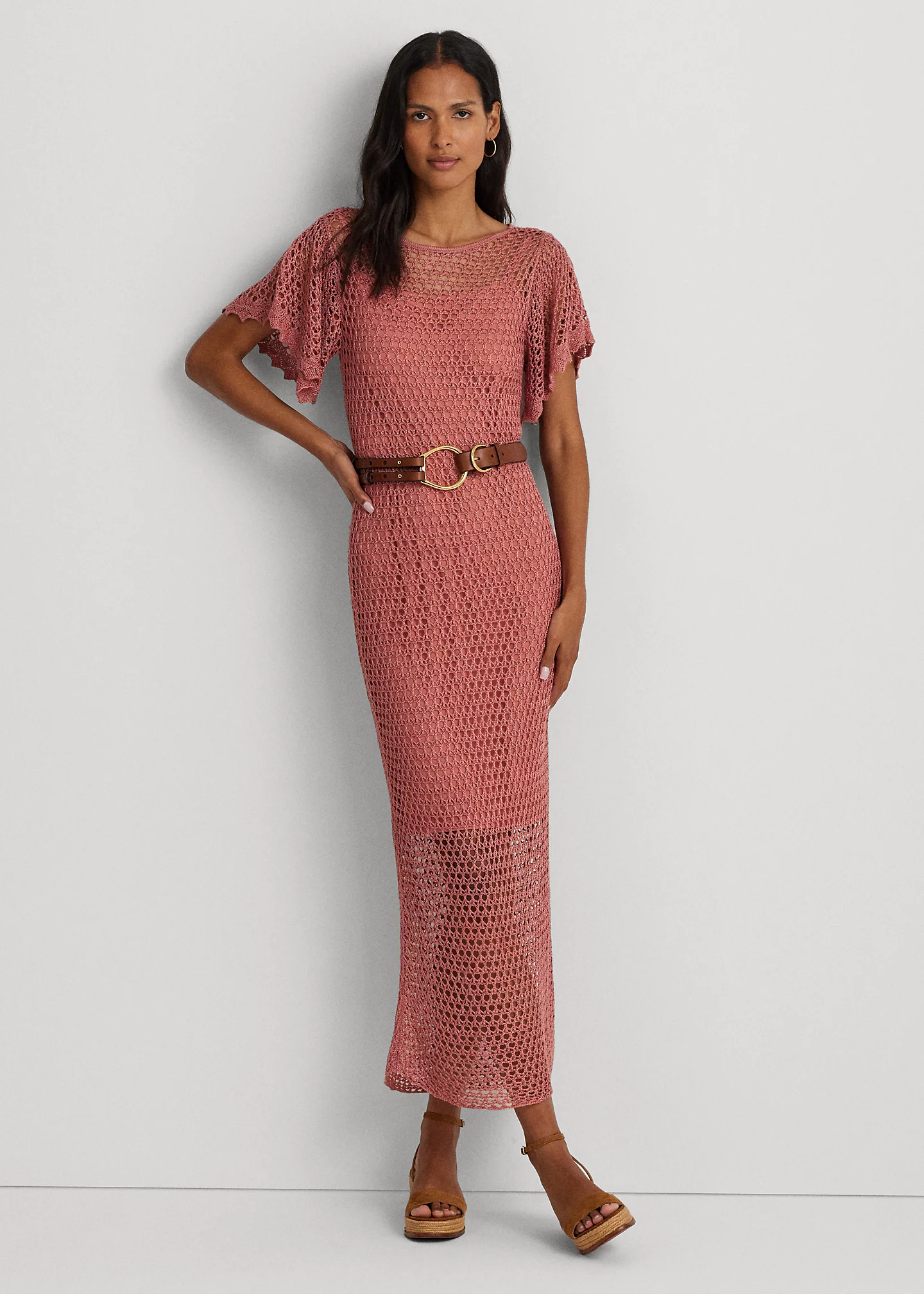 Belted Linen-Blend Pointelle-Knit Dress